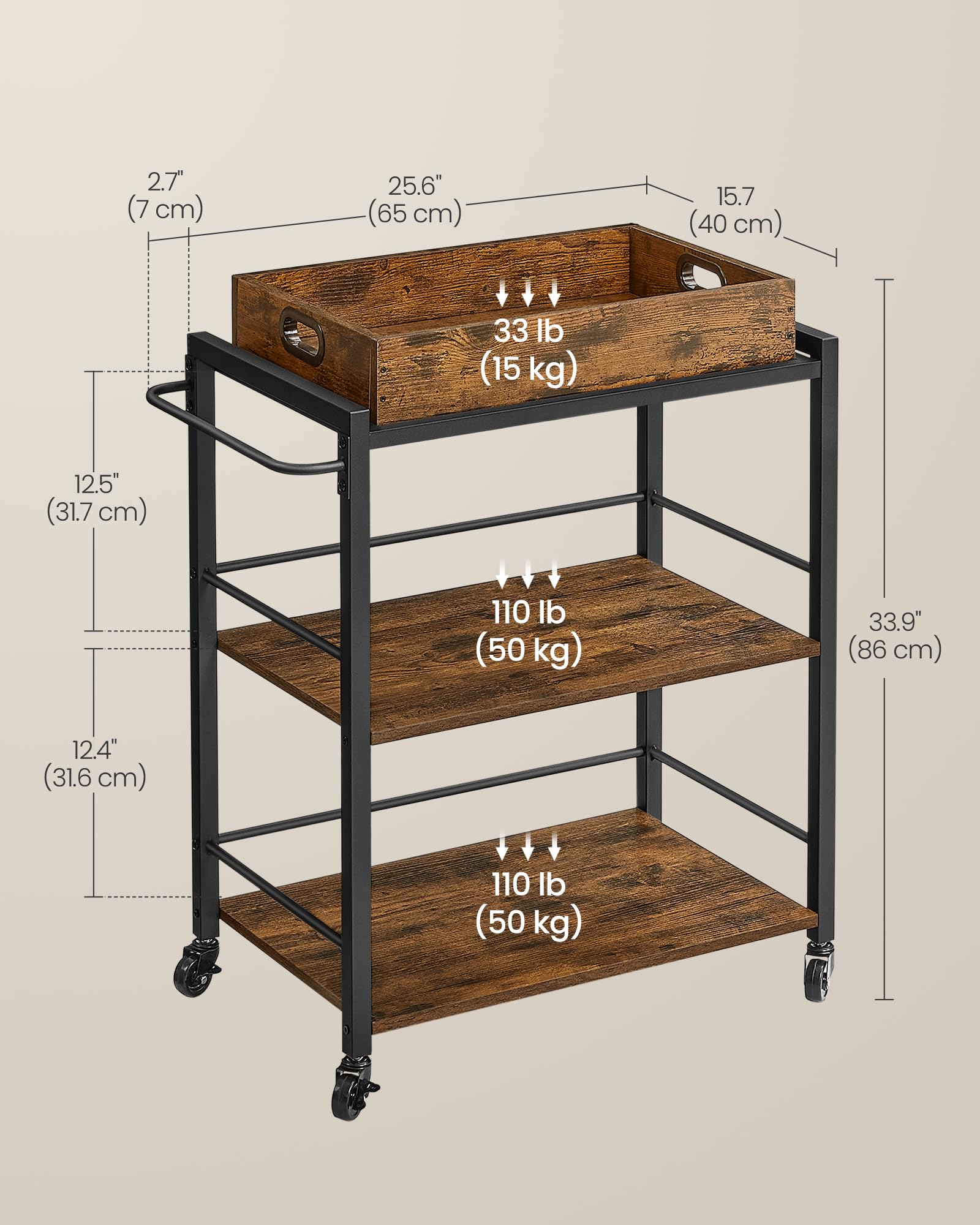 VASAGLE Kitchen Serving Cart with Removable Tray - 3-Tier Utility Cart | Rustic Brown & Black 5