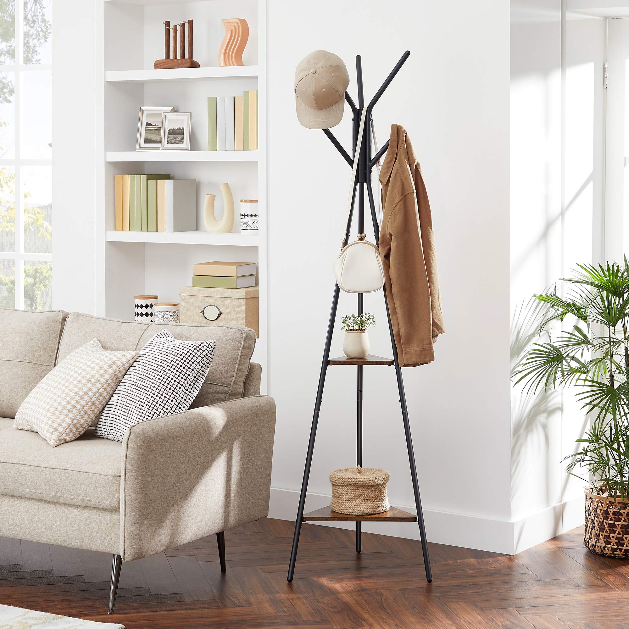 VASAGLE Industrial Style Coat Rack with 6 Hooks and 2 Rustic Shelves | Rustic Brown/Black 3