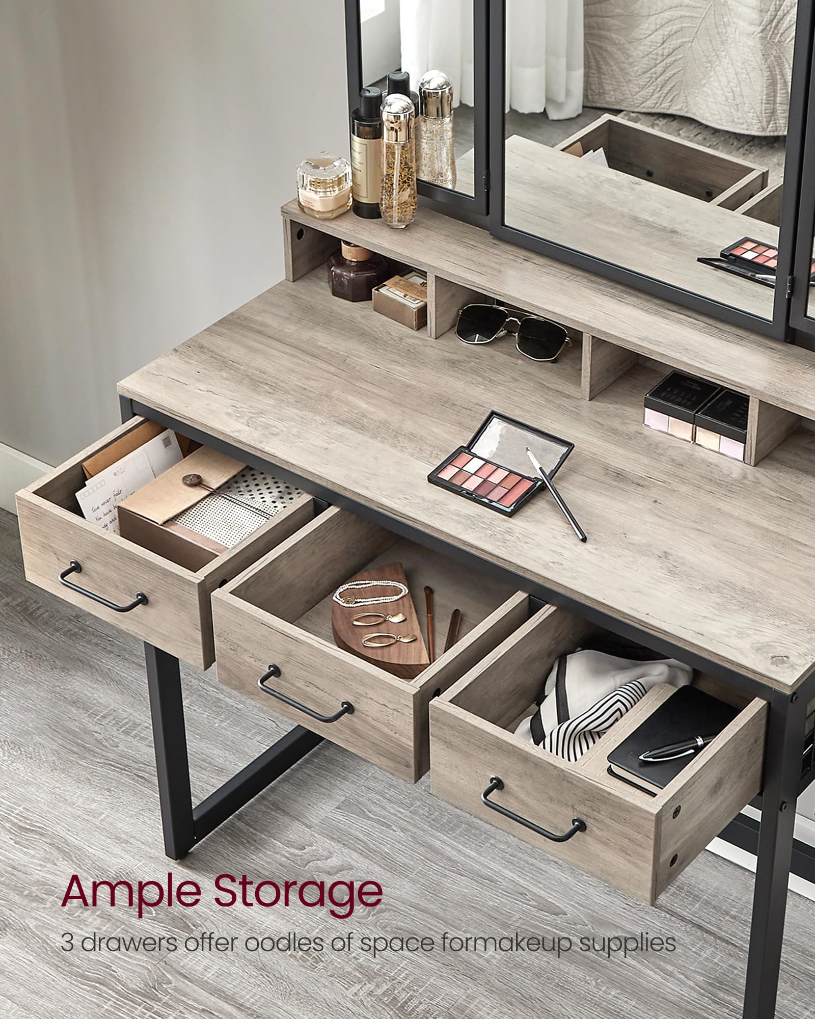 VASAGLE Industrial Design Dressing Table with 3-Piece Folding Mirror and Padded Stool | 3 Drawers | Greige/Black 4