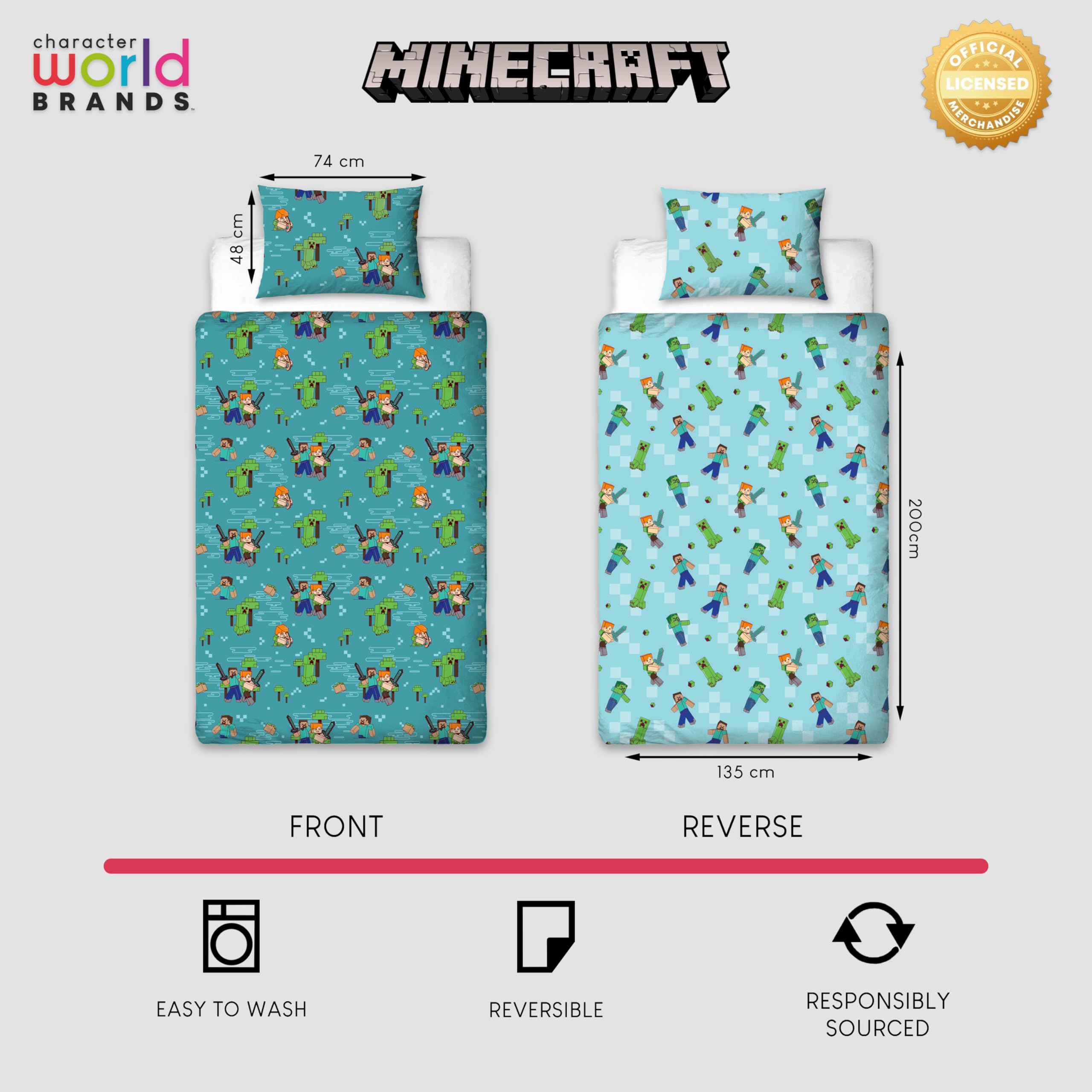 Minecraft Official Single Duvet Cover Set | Reversible Level Up Design | 135cm x 200cm 4