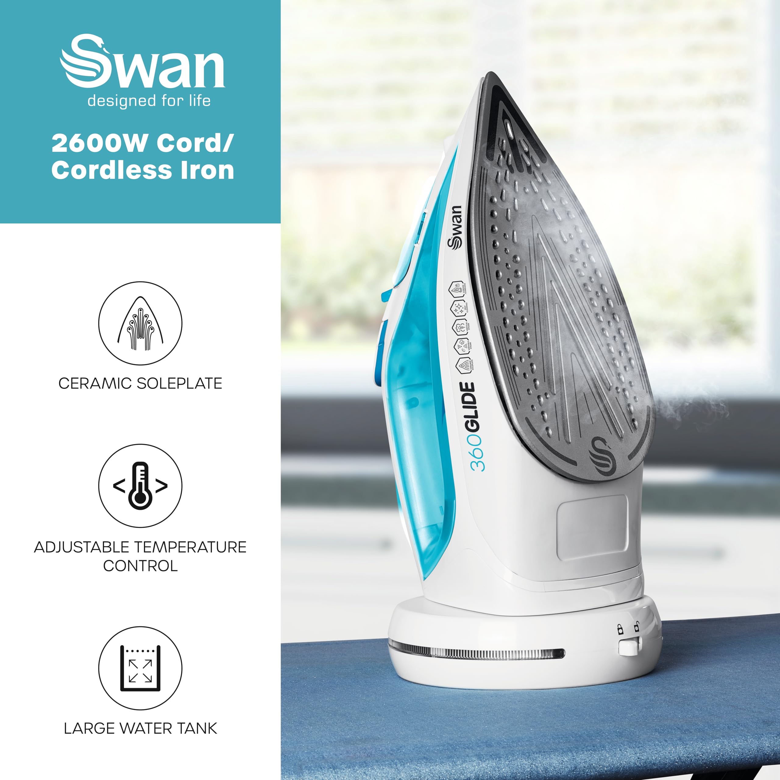 Swan SI16410N Steam Iron - 2600W Power | Cord/Cordless Design | Ceramic Non-Stick Soleplate 2