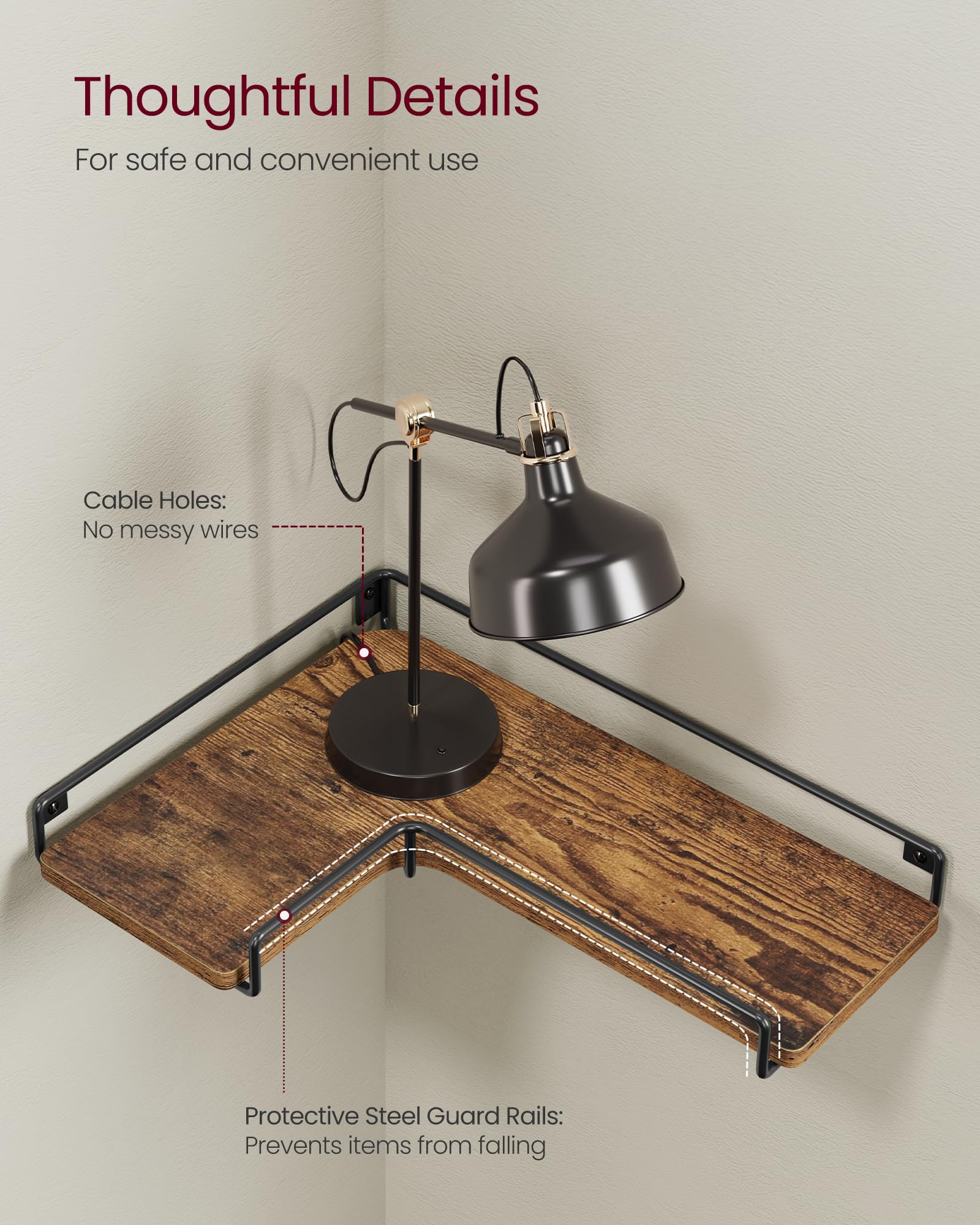 VASAGLE Floating Corner Shelves - Set of 3, Rustic Brown & Black, Industrial Style | Max Load 11 lb 5