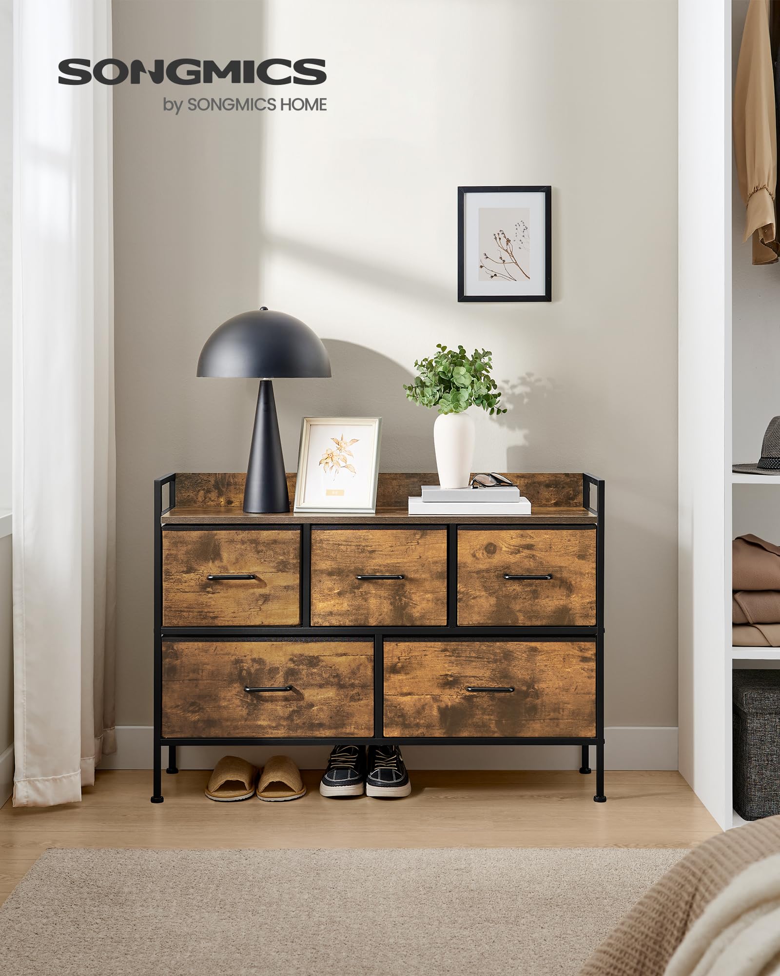 SONGMICS Chest of Drawers - 5 Fabric Drawers, Steel Frame, Rustic Brown/Ink Black | 98.2W x 70H cm 4