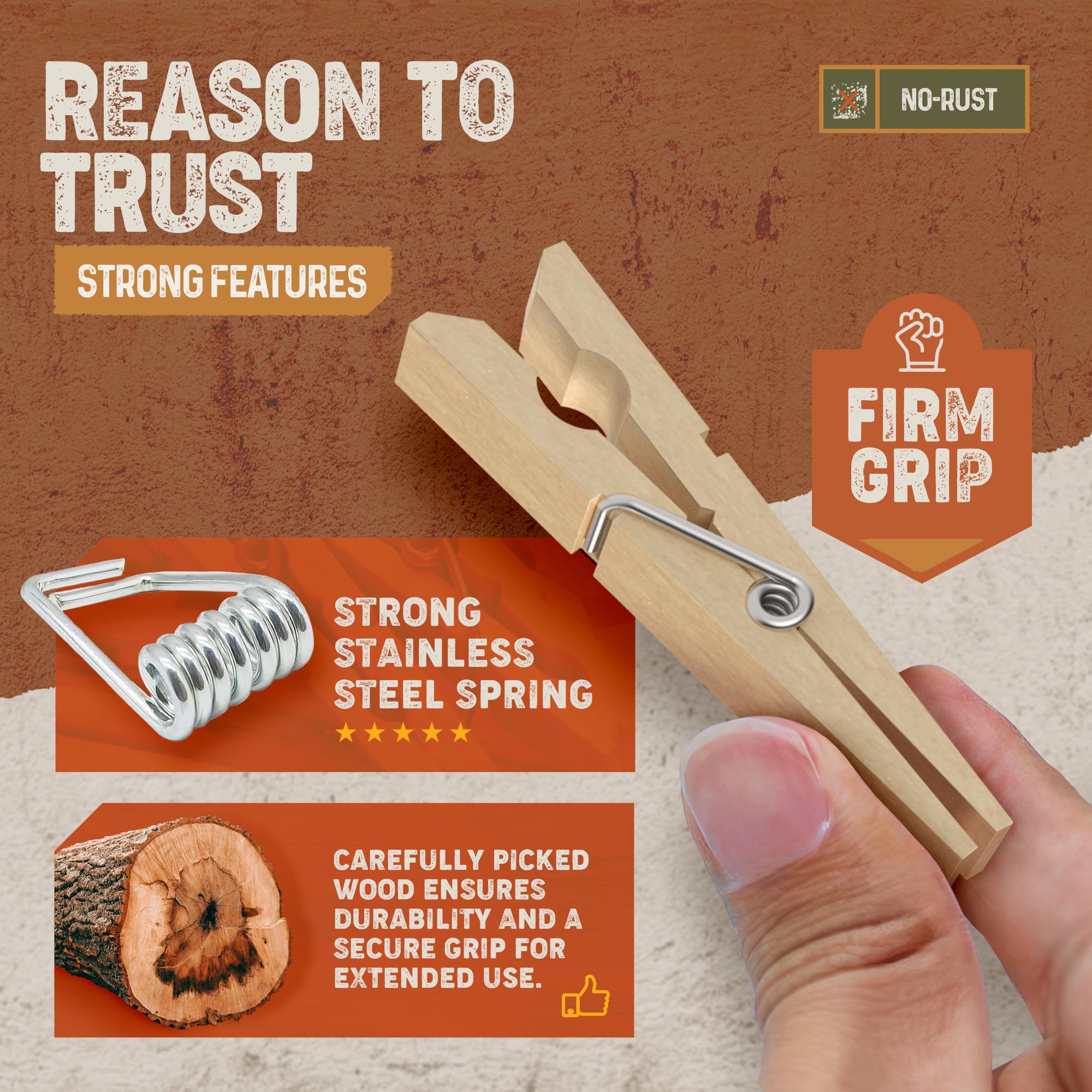 PORTENTUM Wooden Clothes Pegs - Natural Wood & Stainless Steel Spring | 100 Pack | Durable Grip 4