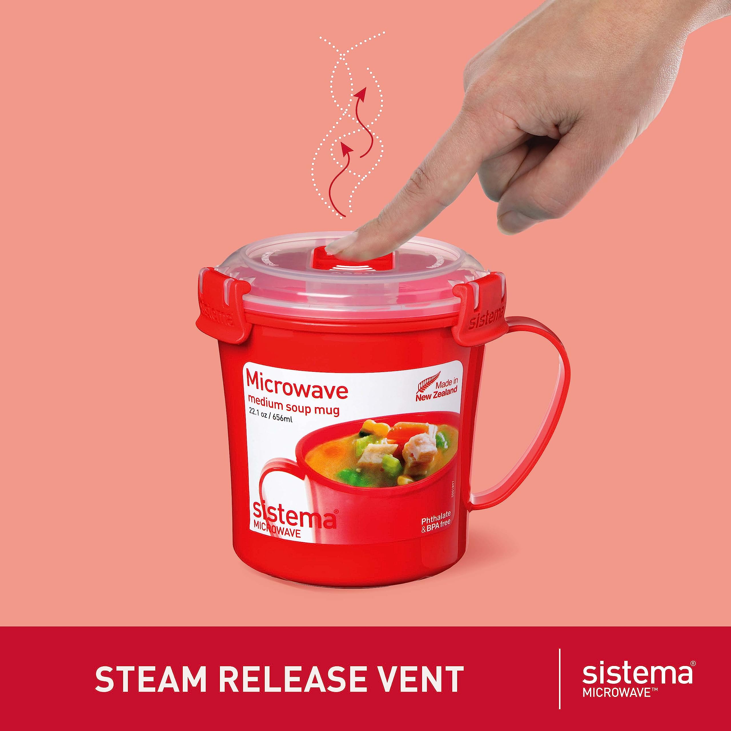 Sistema Microwave Soup Mug - 656 ml Capacity with Steam Release Vent | Red Plastic 3