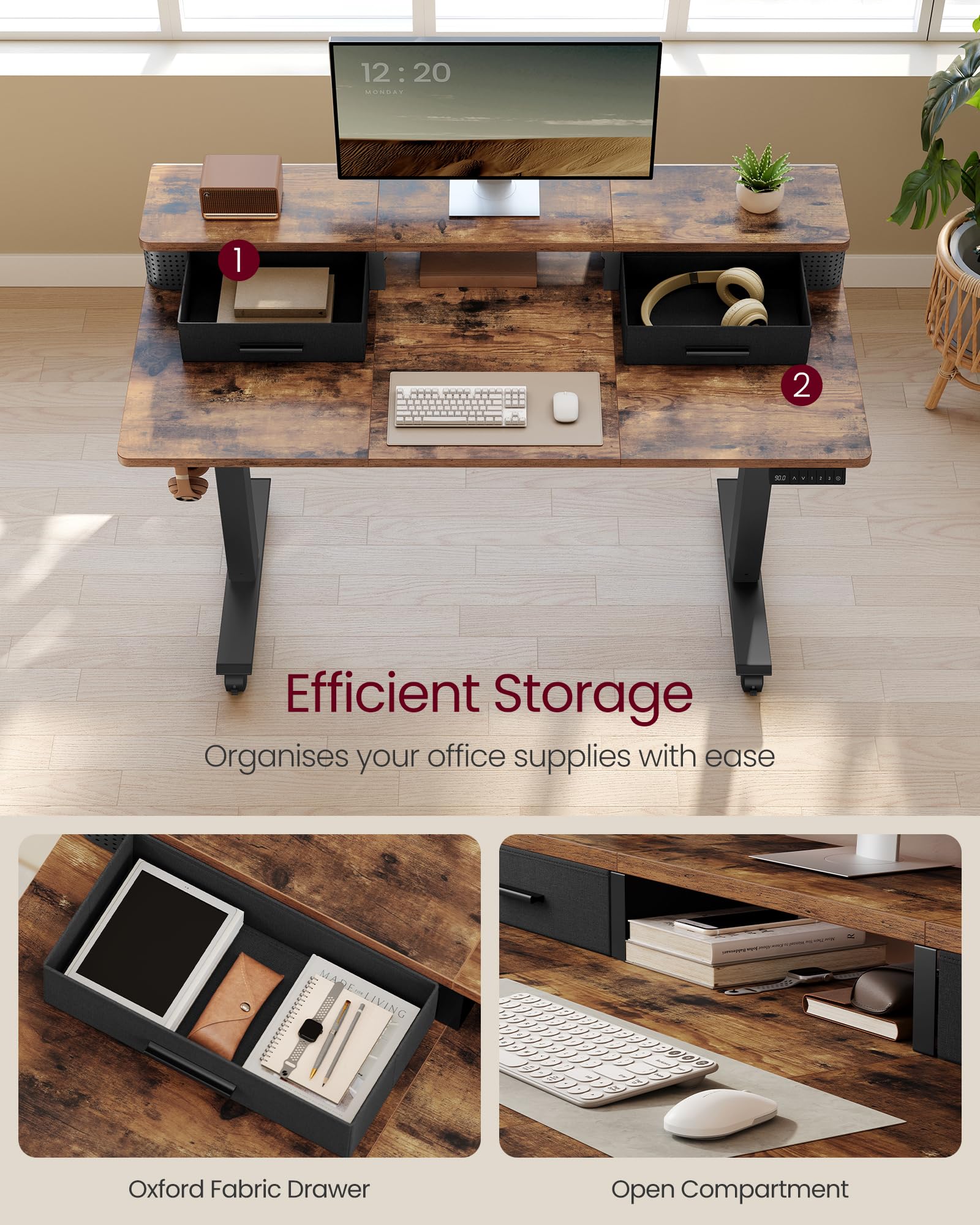 VASAGLE Electric Standing Desk - Adjustable Height 72-120 cm | Built-In Power Strip | Rustic Brown 4