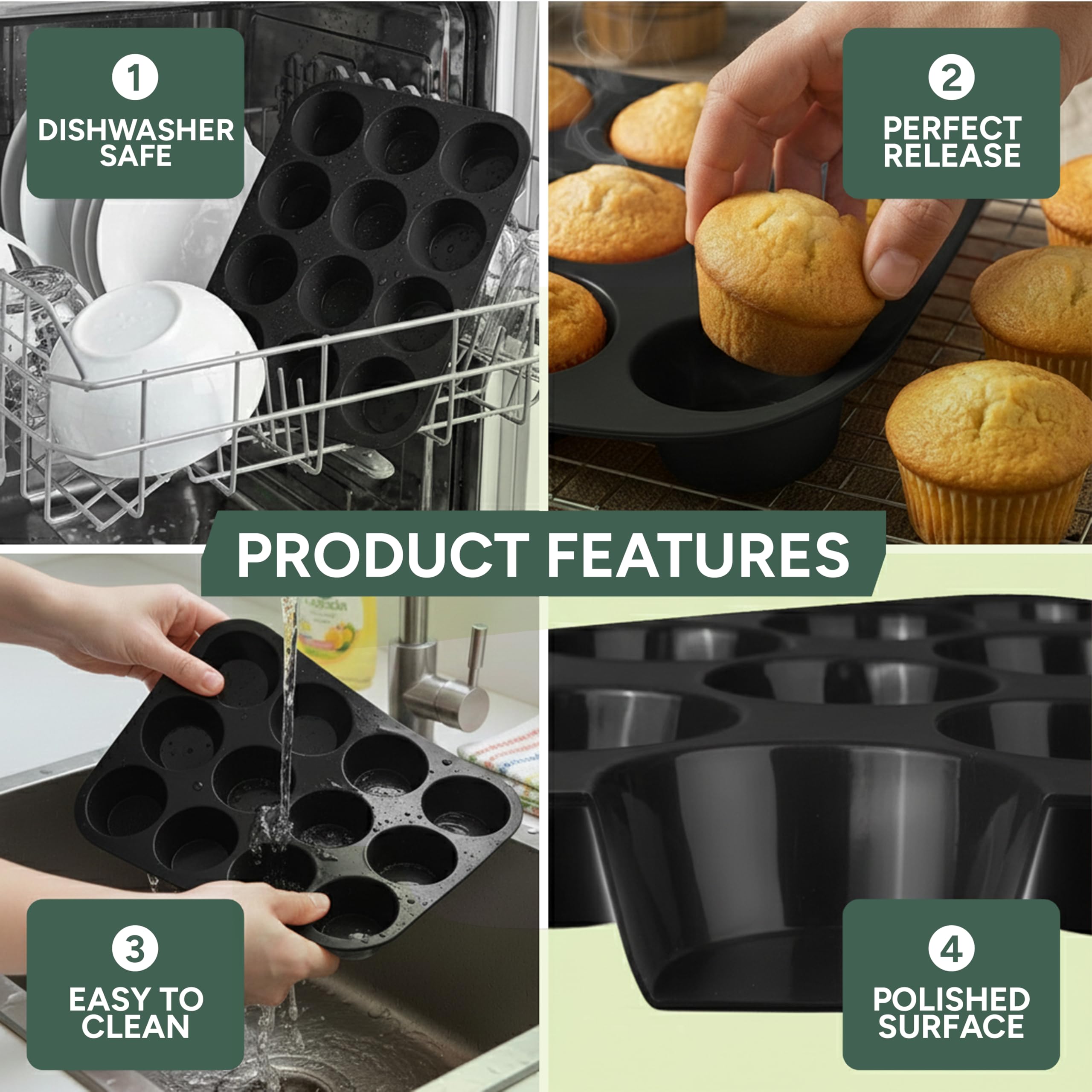Zuvo Silicone Muffin & Cupcake Tray - 12 Cups Non-Stick, Black, 23x31cm 5