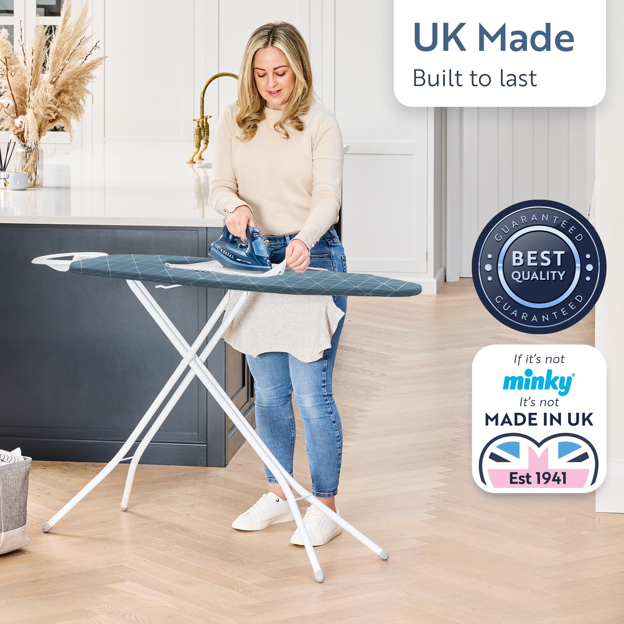 Minky Expert Ironing Board - Large 122 x 38 cm Surface | Multi-Height Adjustment up to 96cm | Stone Blue 6