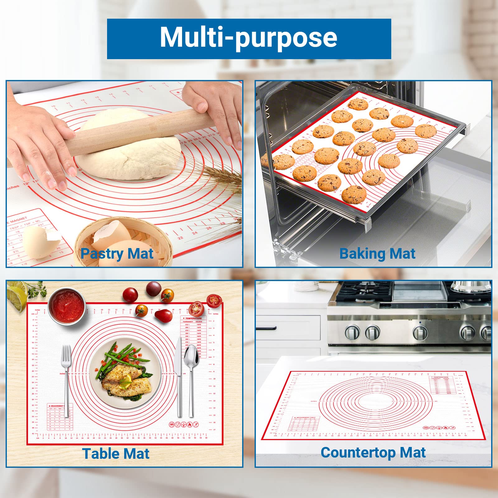 Alyvisun Silicone Baking Pastry Mat - 70x50CM Non-Stick, Reusable, Includes 3 Dough Scrapers 7