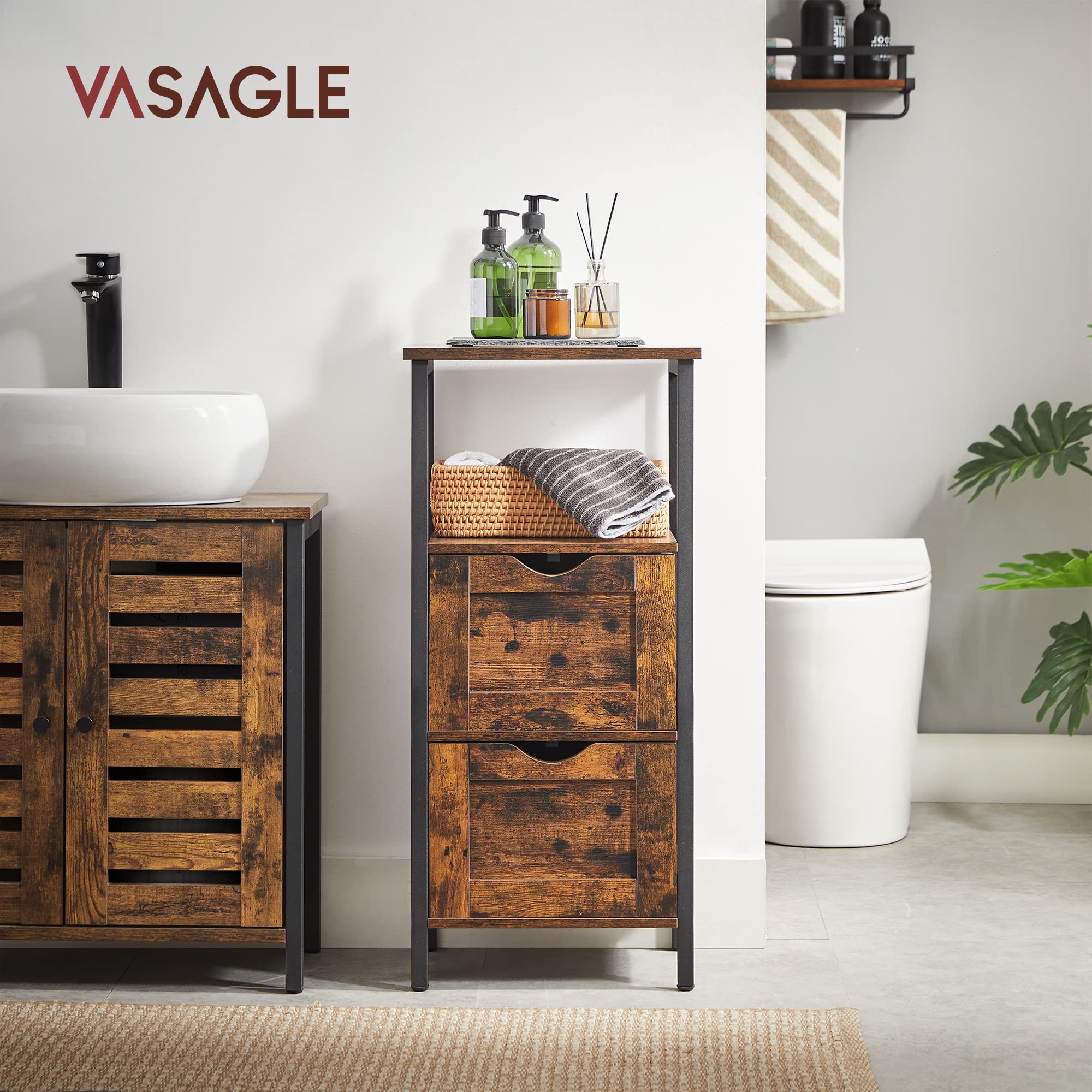 VASAGLE Bathroom Floor Cabinet - Rustic Brown & Black Storage | 37x30x80 cm | Adjustable Feet 2