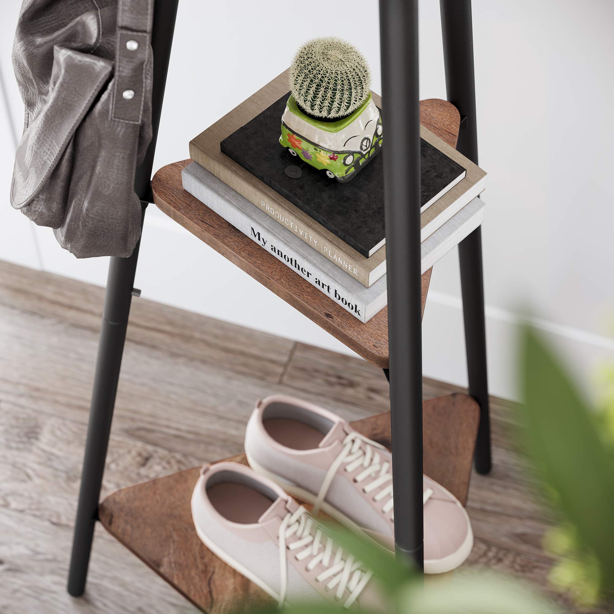 VASAGLE Industrial Style Coat Rack Stand with 6 Hooks and 2 Triangular Shelves | Steel & Fiberboard | 49.5x49.5x179 cm 6