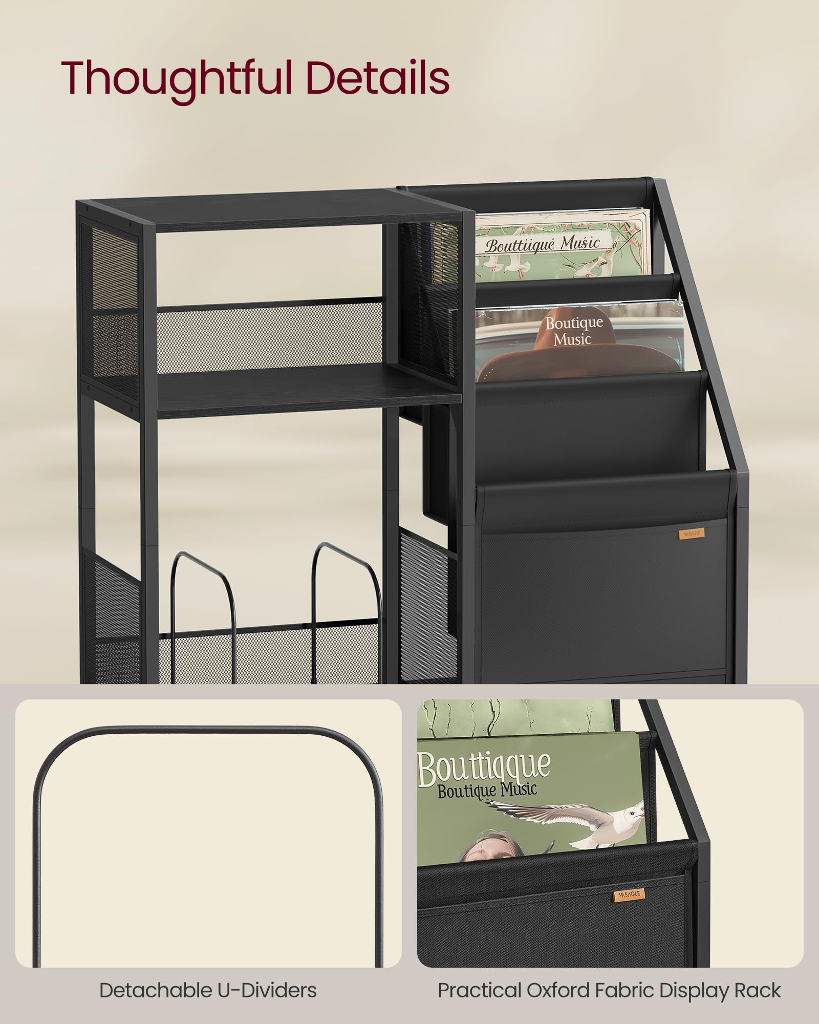 VASAGLE Record Player Stand - 3-Tier Storage for 140 Albums | Ebony Black End Table | 30 x 81 x 69 cm 5