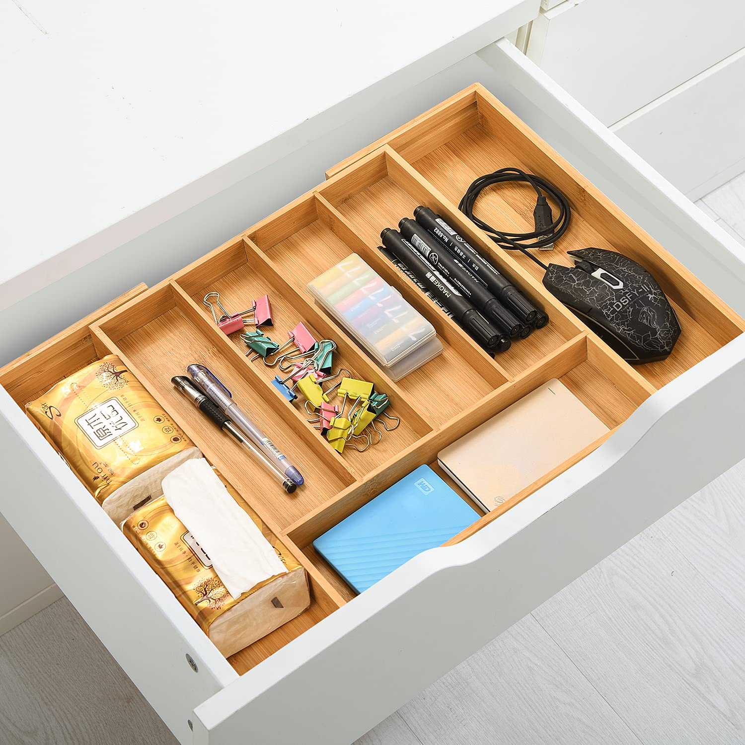 MASS DYNAMIC Expandable Bamboo Cutlery Drawer Organizer | Adjustable 5-7 Compartments | Waterproof 7