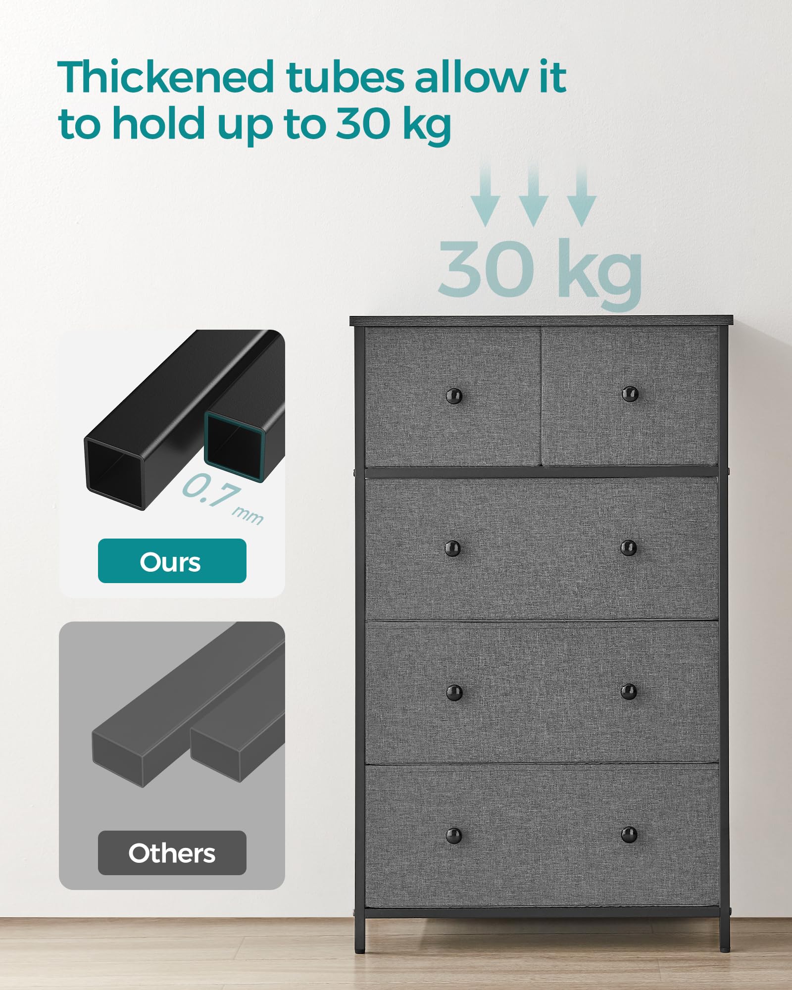 SONGMICS 5-Drawer Fabric Storage Organiser Unit - Grey/Black Wood Grain | 30x56x93 cm 5