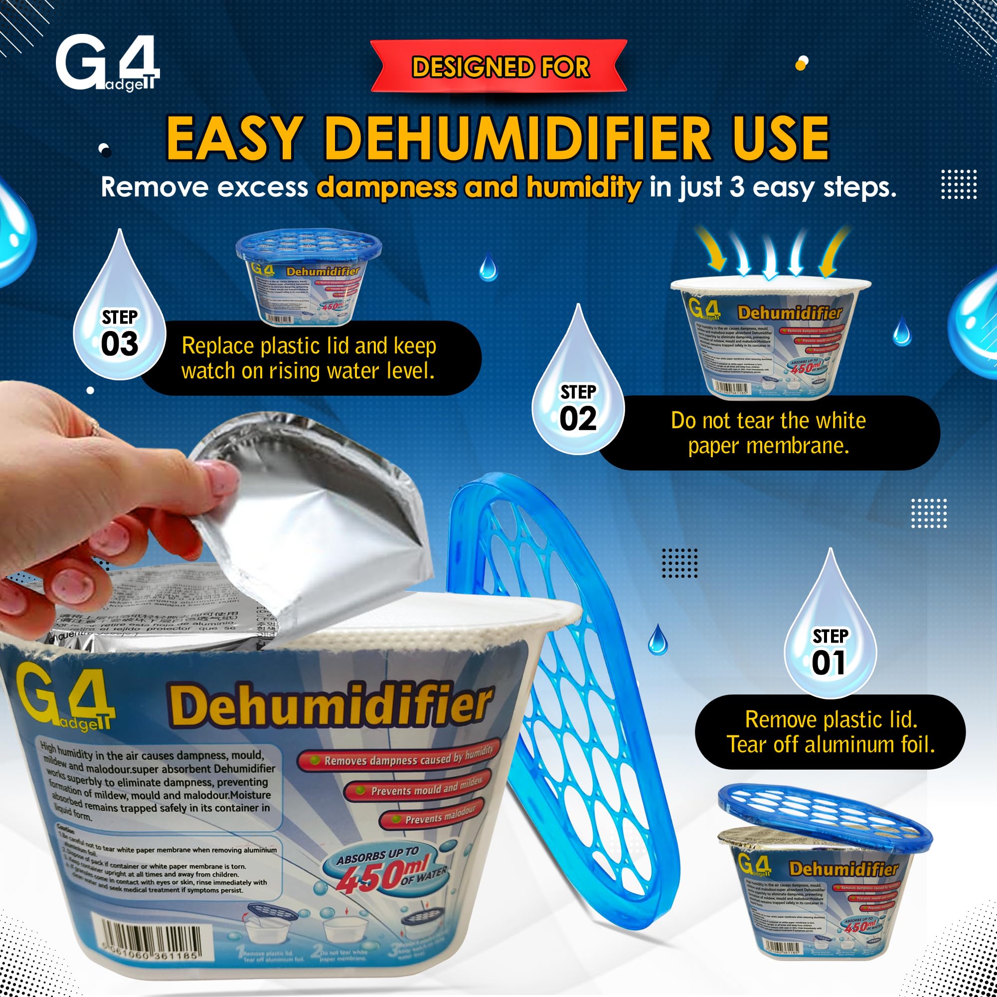 G4GADGET Disposable Dehumidifier Moisture Absorbers - Pack of 4 | 450ml Capacity | Portable 5