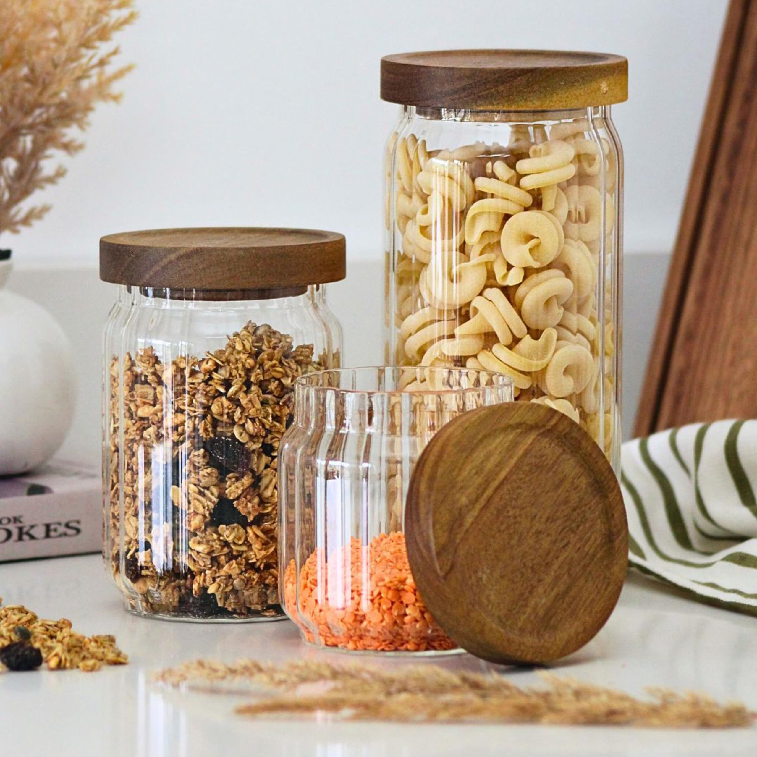 Tala Ribbed Glass Storage Jar with Acacia Lid - Airtight Seal | 600ml Volume | FSC Wood 4