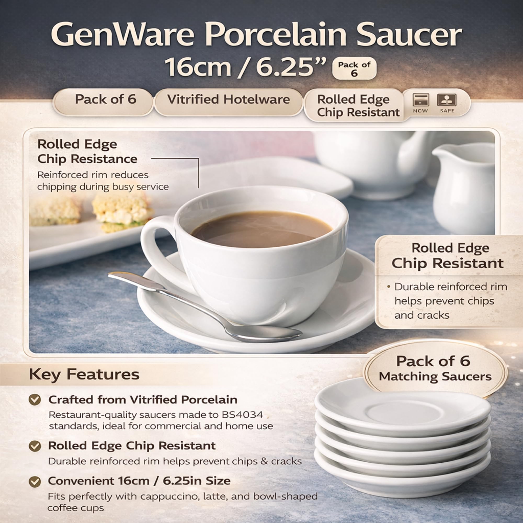 Genware Porcelain Saucer - 16cm (6.25in) Chip Resistant | Pack of 6 | Vitrified Hotelware 3