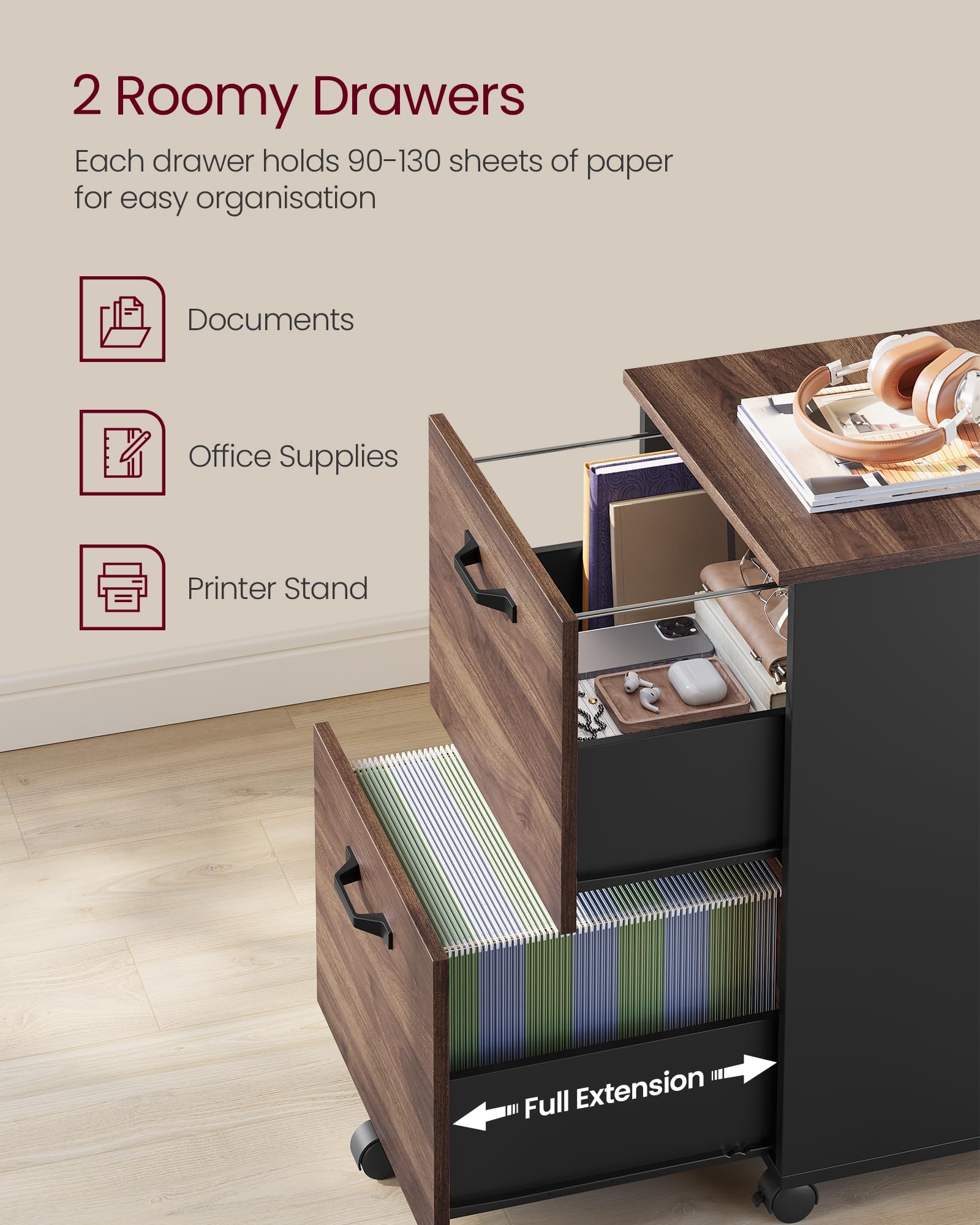 VASAGLE 2-Drawer Mobile Filing Cabinet - A4/Letter Size Support | Natural Walnut & Ink Black | 35kg Capacity 4