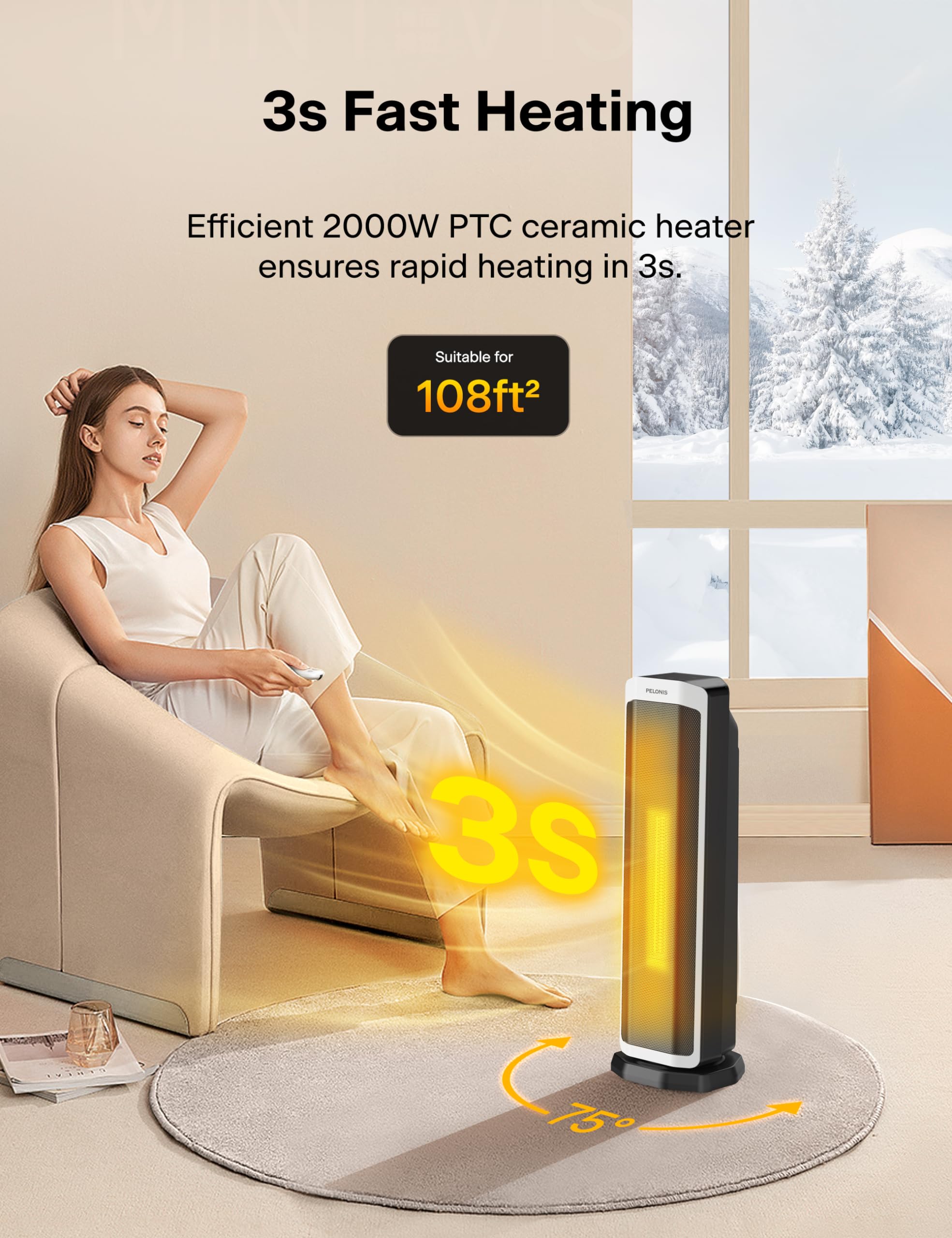 Pelonis 2000W Electric Space Heater with Remote Control | 75° Oscillation | Adjustable Thermostat 5
