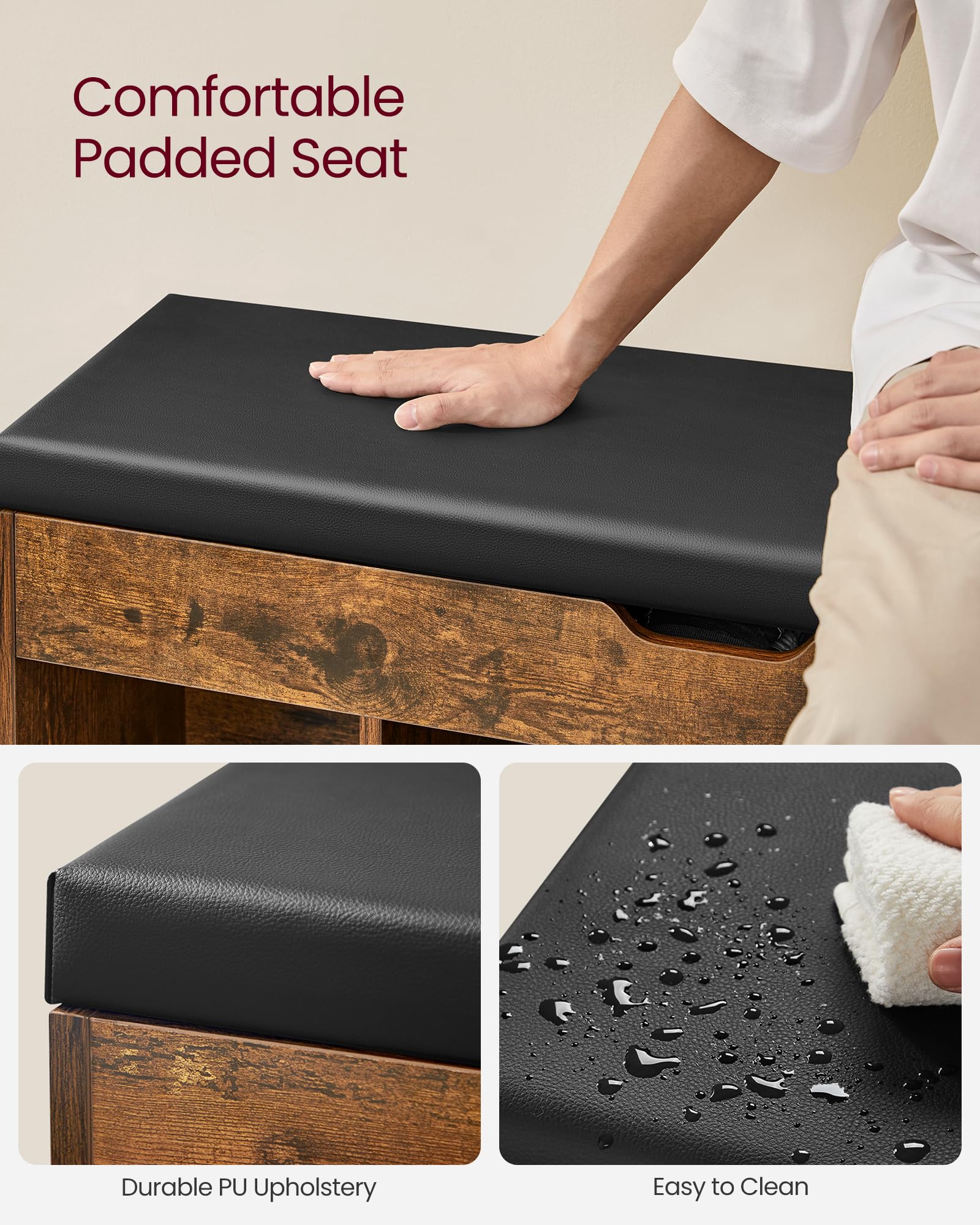 VASAGLE Shoe Storage Bench with Padded Seat | 3 Compartments | 150 kg Capacity | Rustic Brown 6