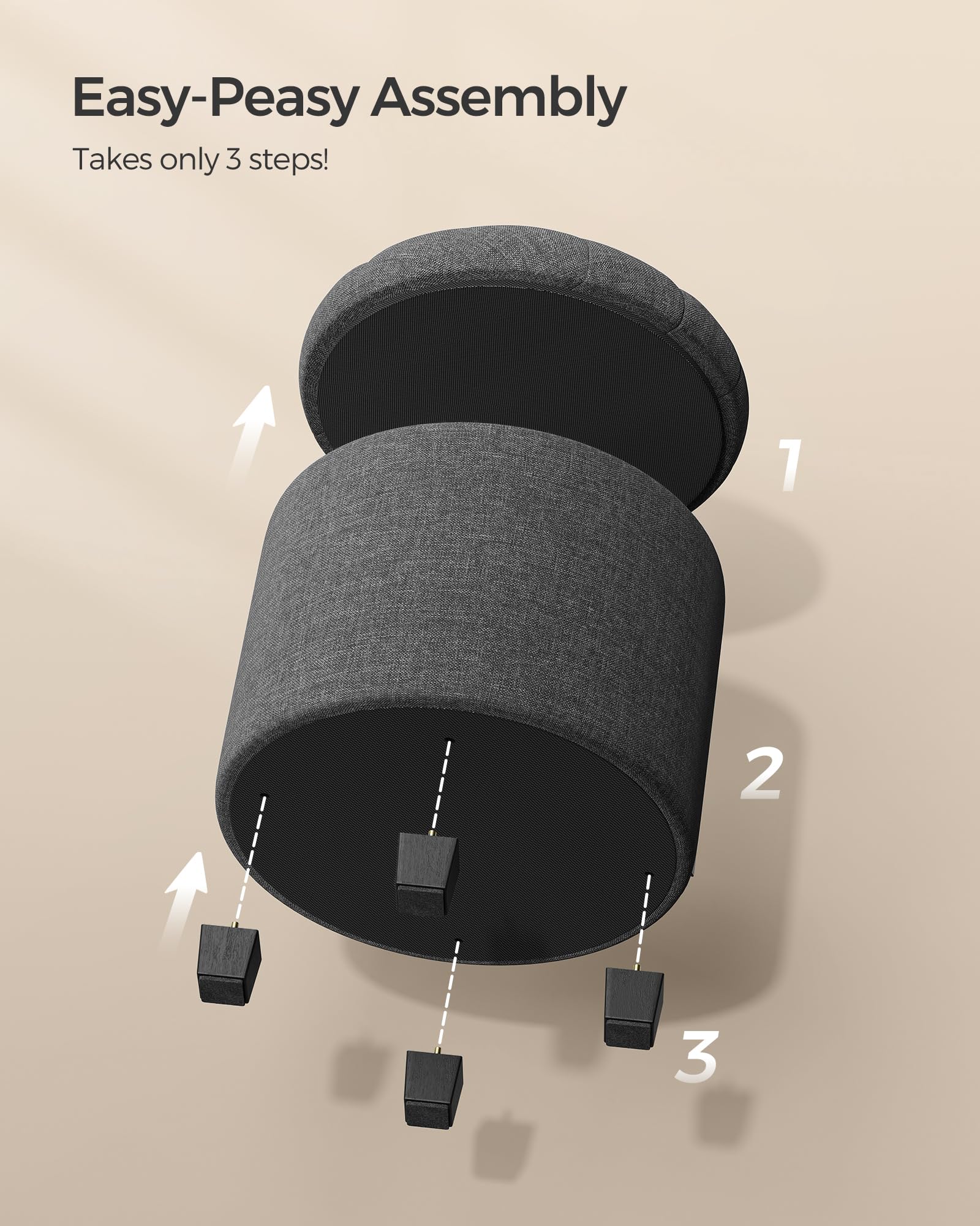 SONGMICS Round Storage Ottoman - Dark Grey Linen-Look | Supports 150 kg | 45 x 45 x 44.5 cm 7