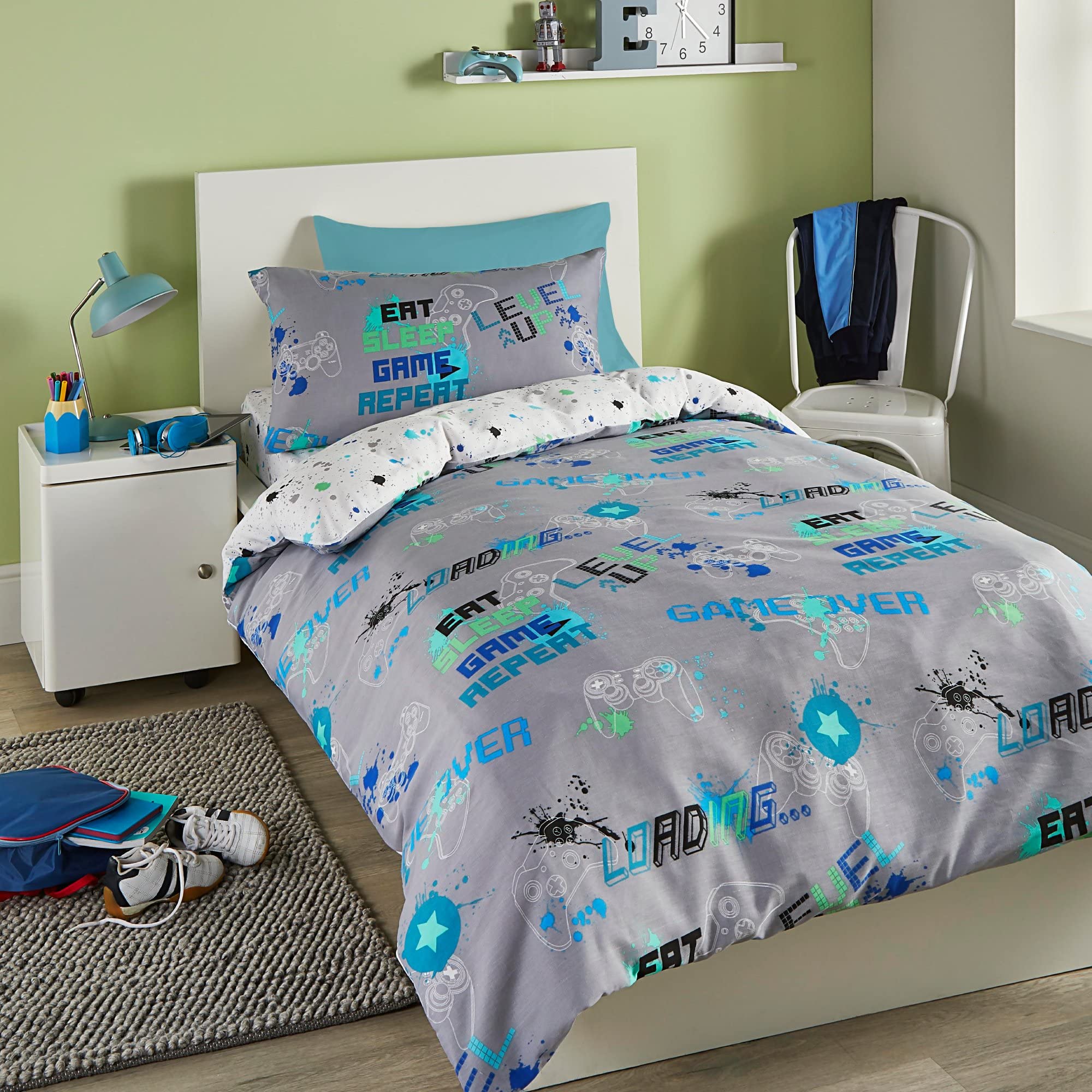 Bedlam Game Glow Grey Reversible Duvet Cover Set - Single Size 140x200cm - Glow-in-the-Dark 1
