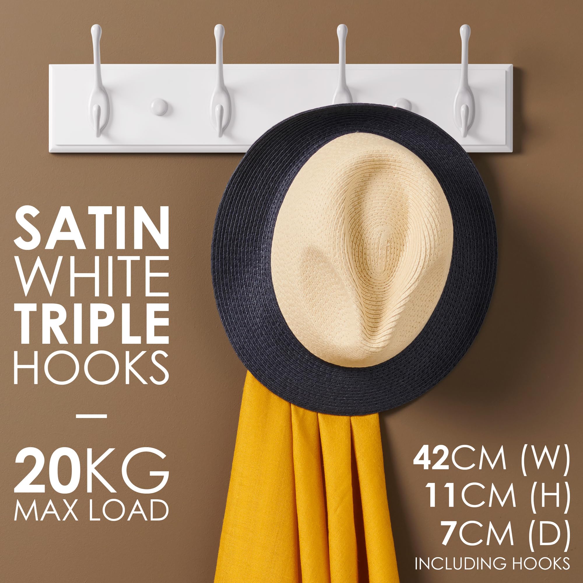 LARHN Wall Coat Rack - 4 Heavy-Duty Hooks | 100% Bamboo Board | White Finish | 42 cm Wide