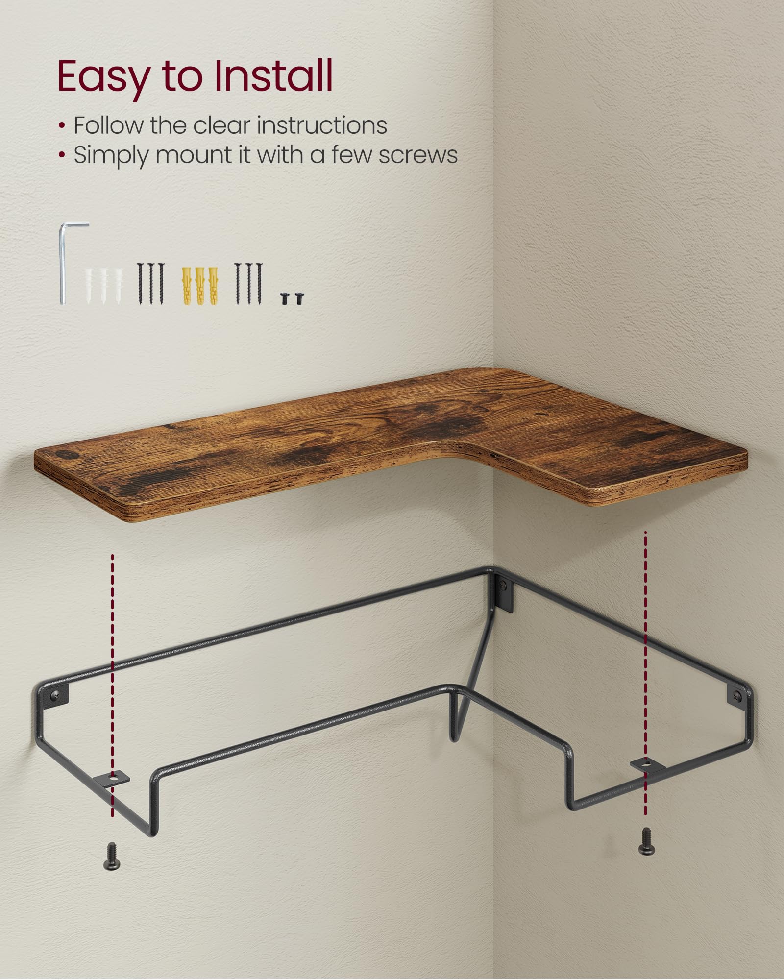 VASAGLE Floating Corner Shelves - Set of 3, Rustic Brown & Black, Industrial Style | Max Load 11 lb 6