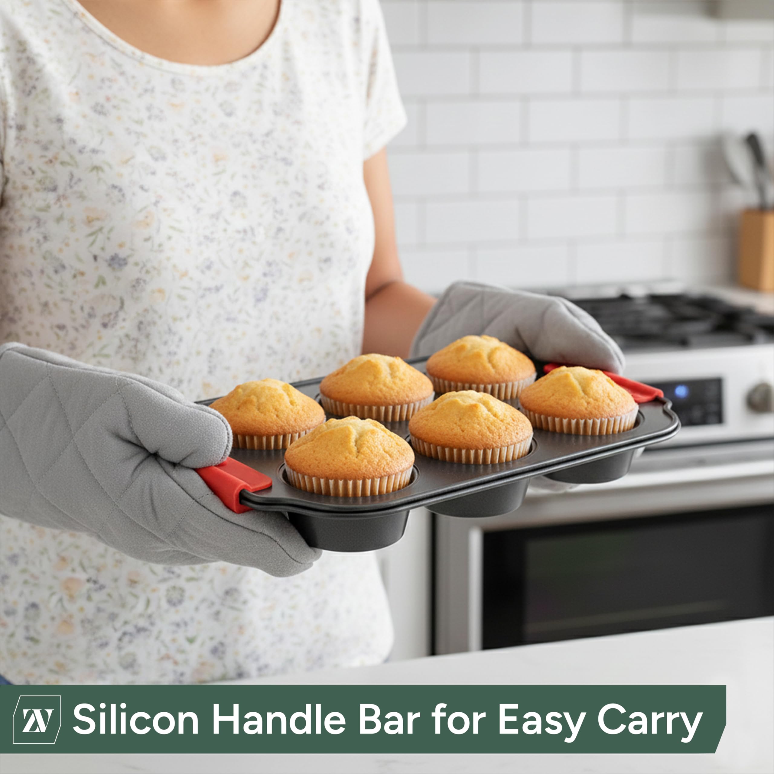 Zuvo Non-Stick 6 Cup Muffin & Cupcake Tin Tray with Silicone Handles | Carbon Steel 3