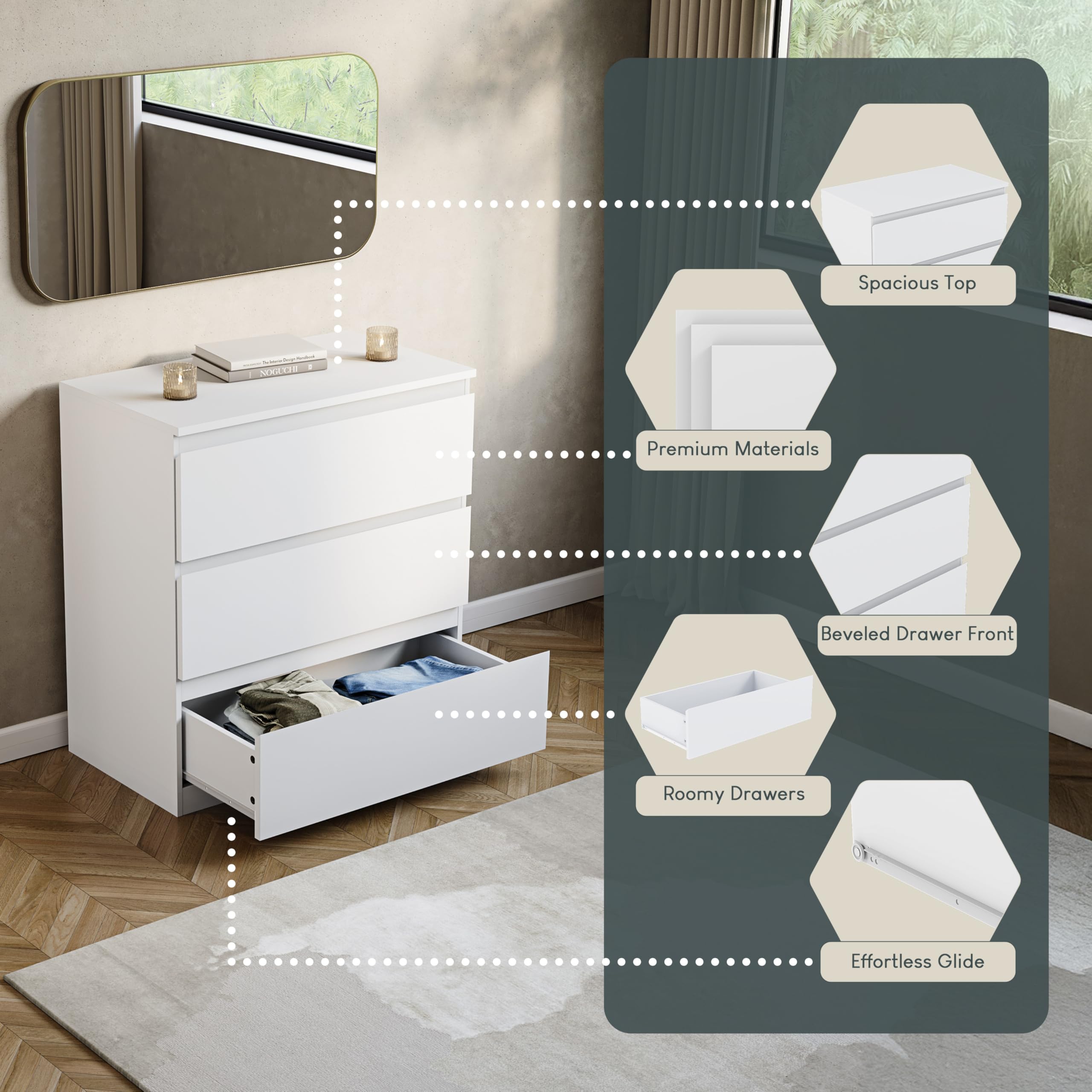 Vida Designs Denver 3 Drawer Chest of Drawers - White | 70W x 40D x 77.5H cm 5