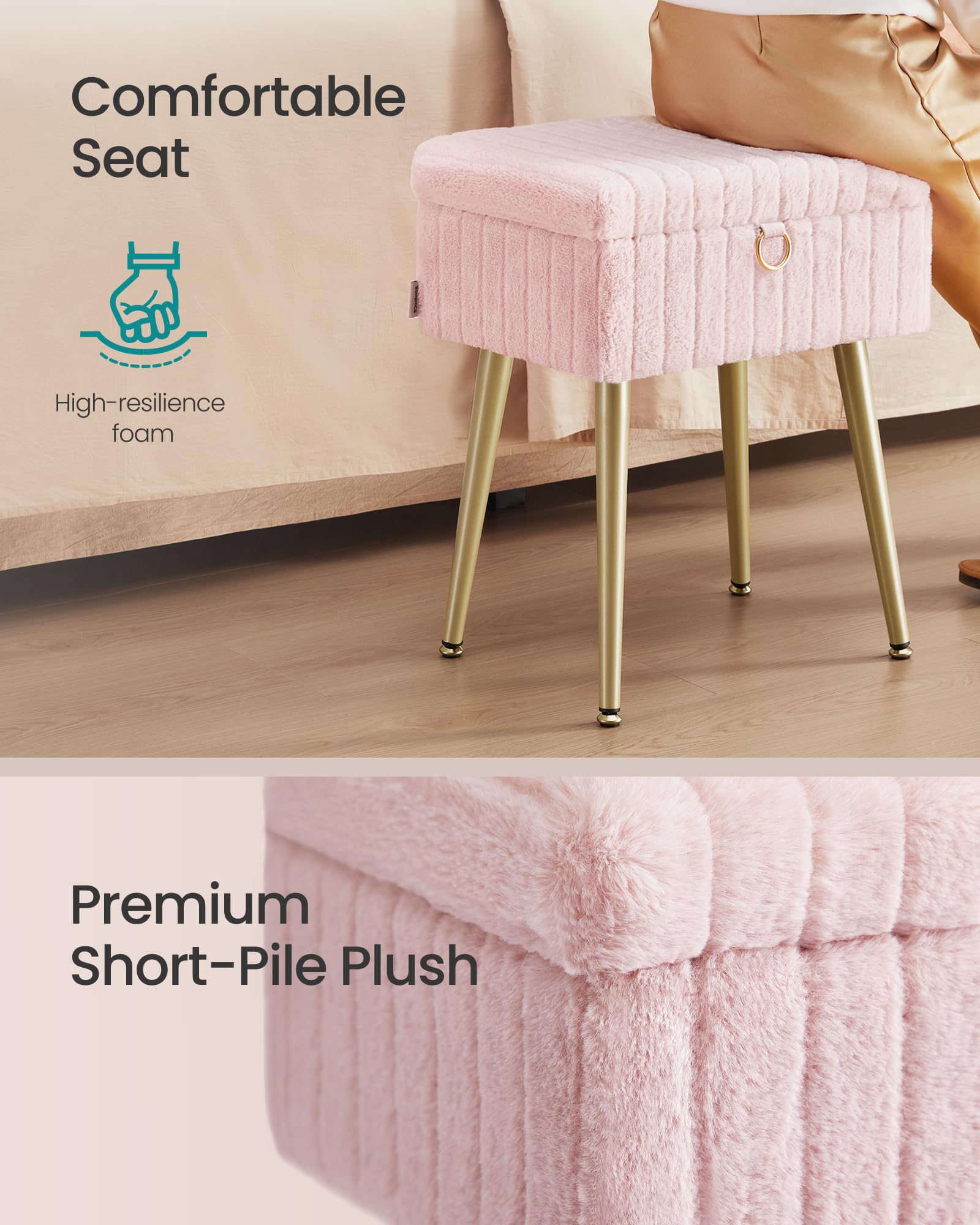 SONGMICS Vanity Stool with Storage - Rectangular, Jelly Pink, Metal Legs | Supports 200 kg 4