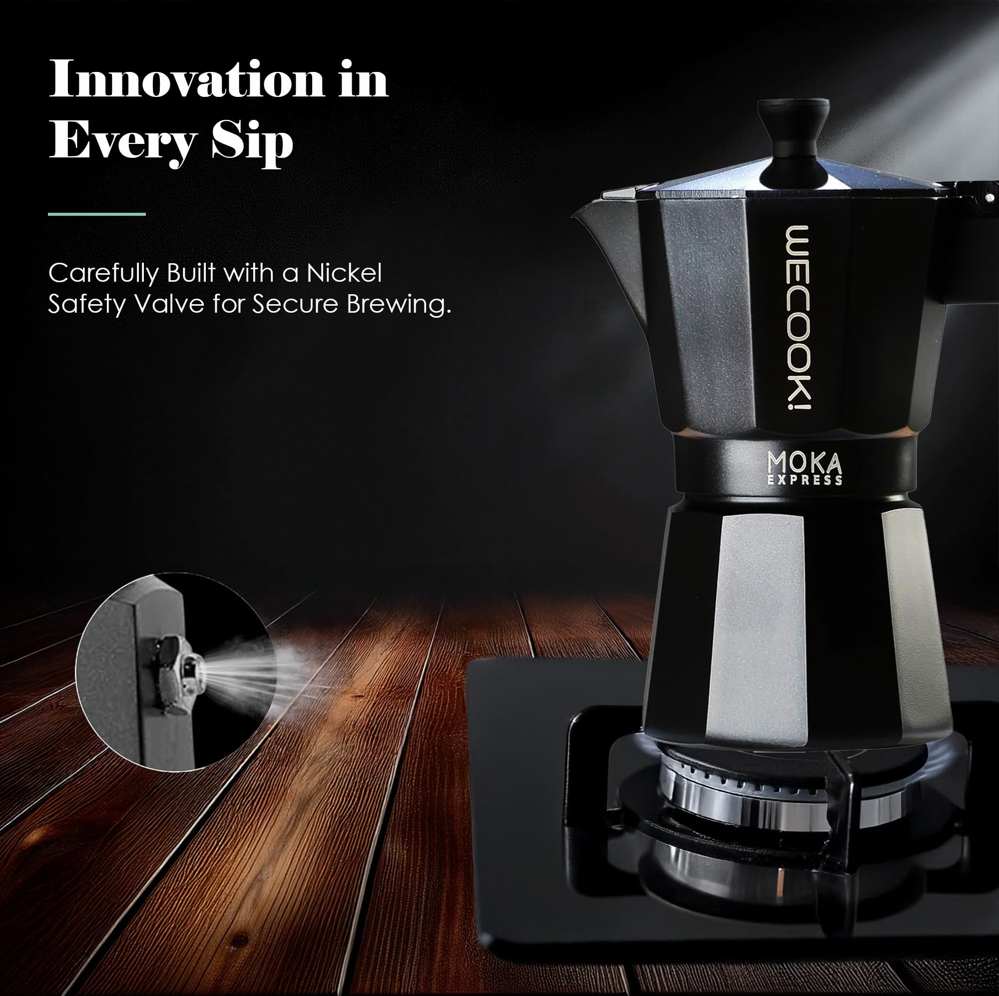 WECOOK! Bella Moka Pot Espresso Maker - Aluminum, 3 Cups | Black/White 6