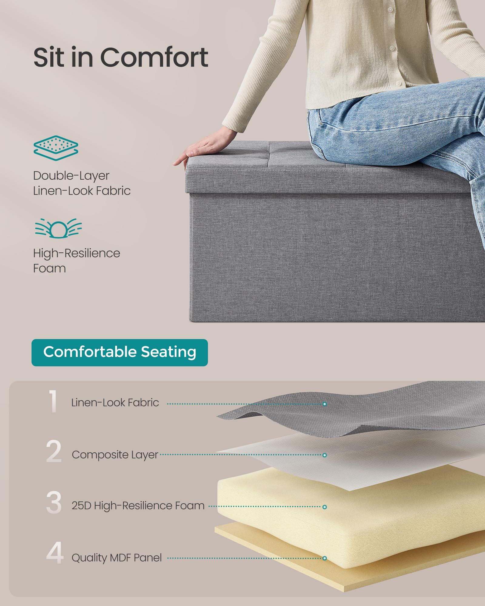 SONGMICS MAZIE Storage Ottoman Bench - 76 cm Folding Foot Rest | 300 kg Capacity | Light Grey 6
