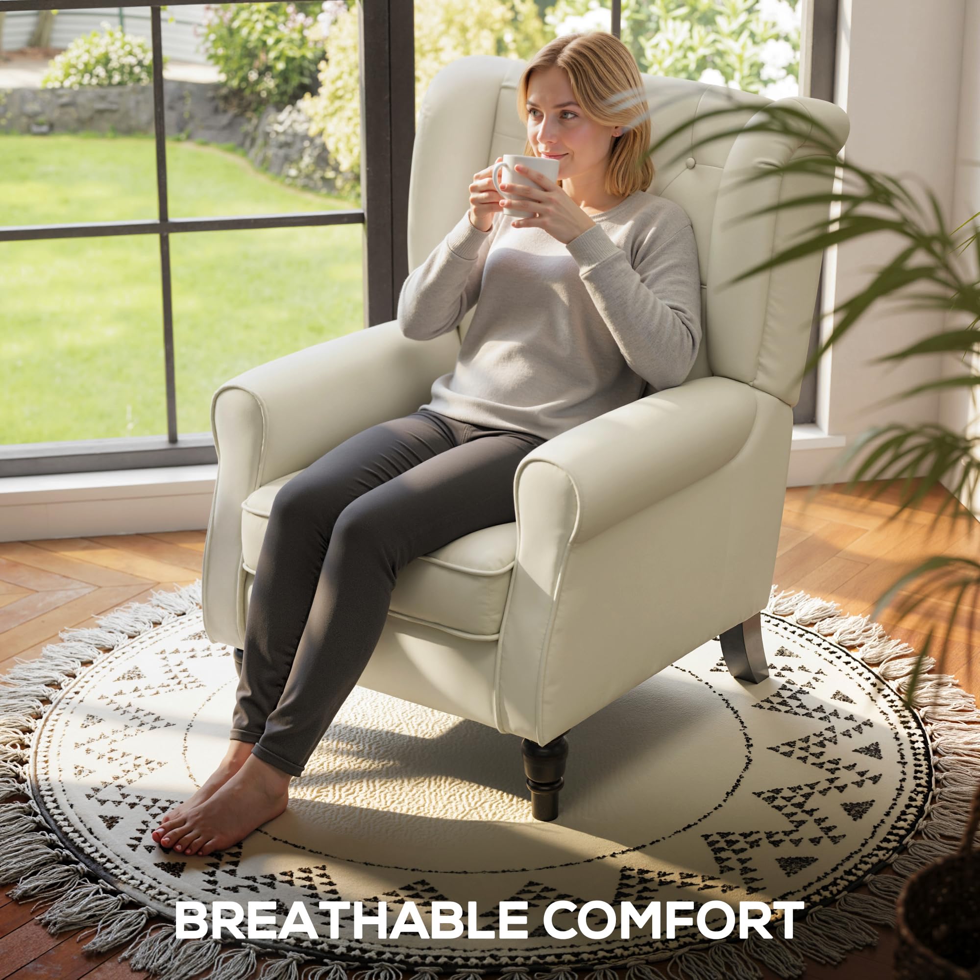 HOMCOM Retro Wingback Armchair - Snow Flannel, Button Tufted, Cream White | Supports 160kg 6
