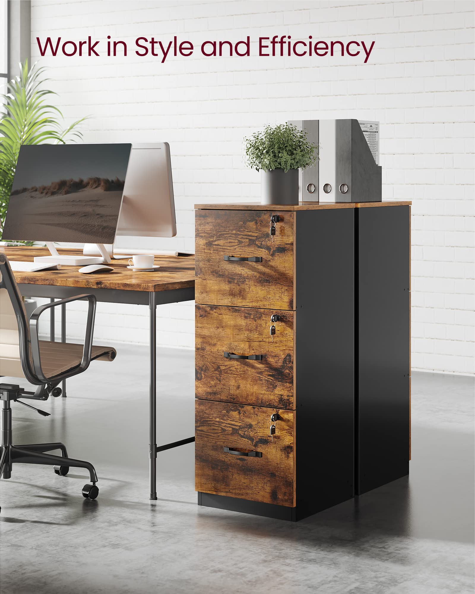 VASAGLE File Cabinet for Home Office - 3 Lockable Drawers | A4 & Letter Size | Rustic Brown/Ink Black | OFC055B01 8