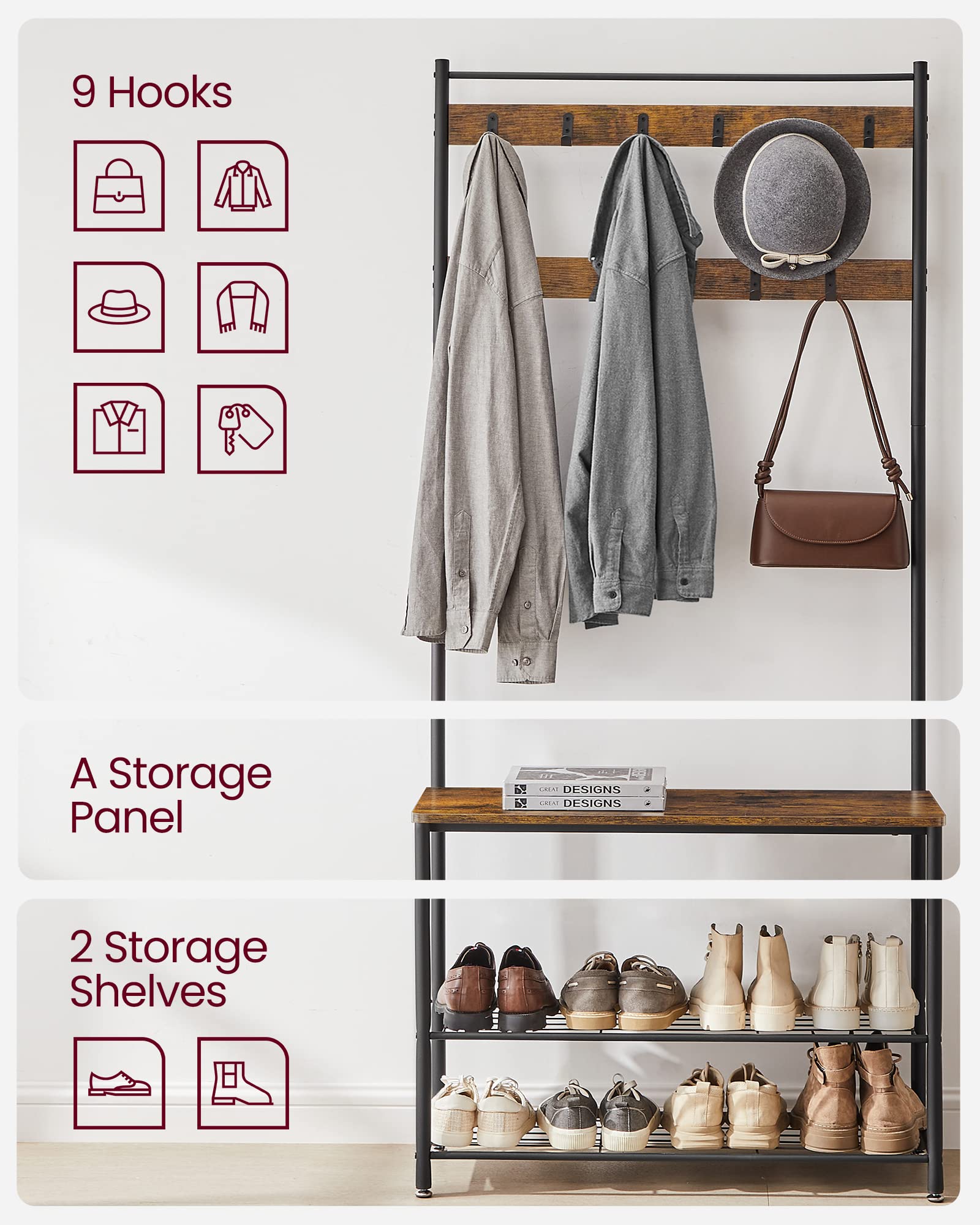 VASAGLE Coat Rack - 3-in-1 Hall Tree with Shoe Storage Bench | 9 Hooks | Rustic Brown & Black 8
