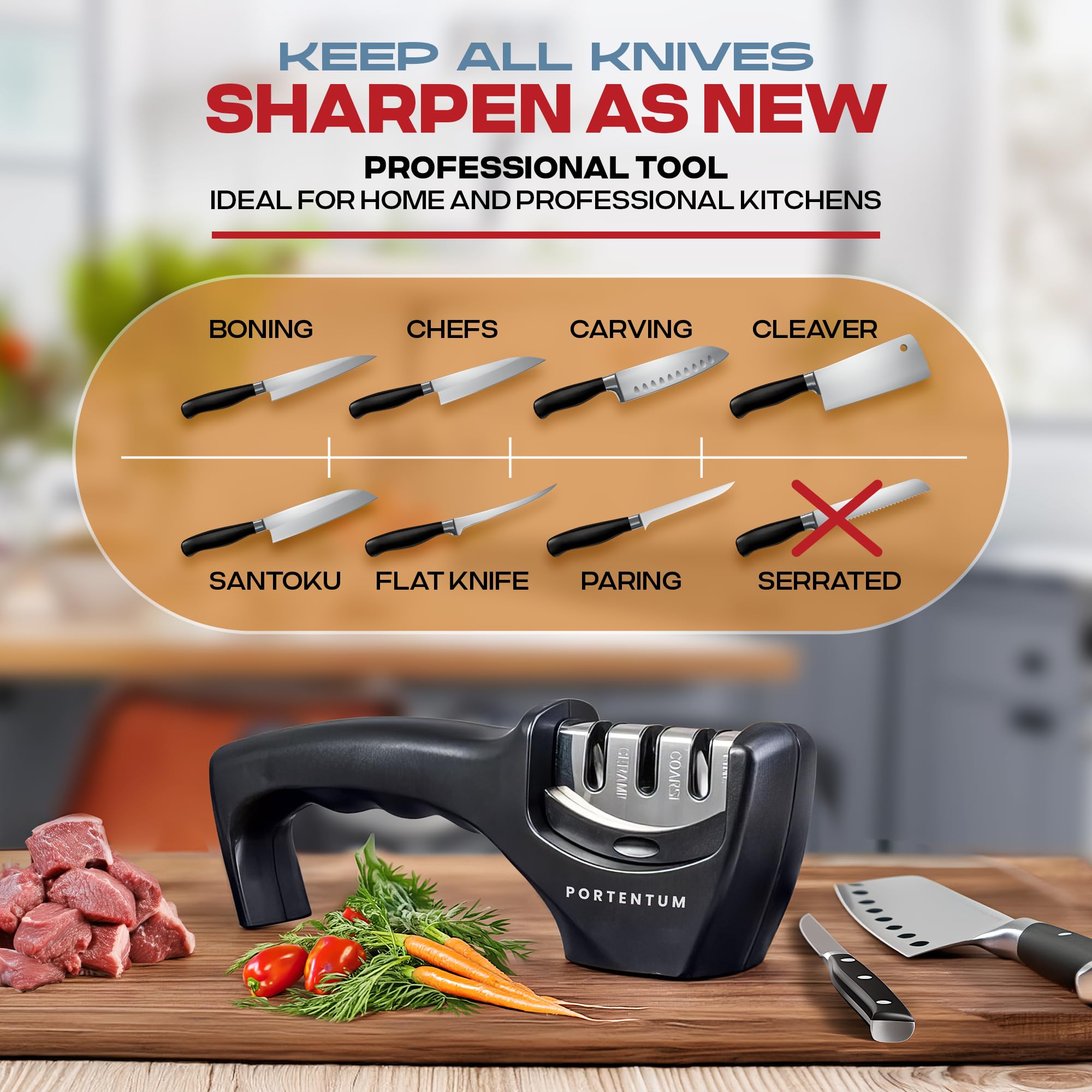 PORTENTUM 3-Stage Manual Knife Sharpener - Tungsten Carbide | Non-Slip Base | For Straight & Serrated Steel Knives 6