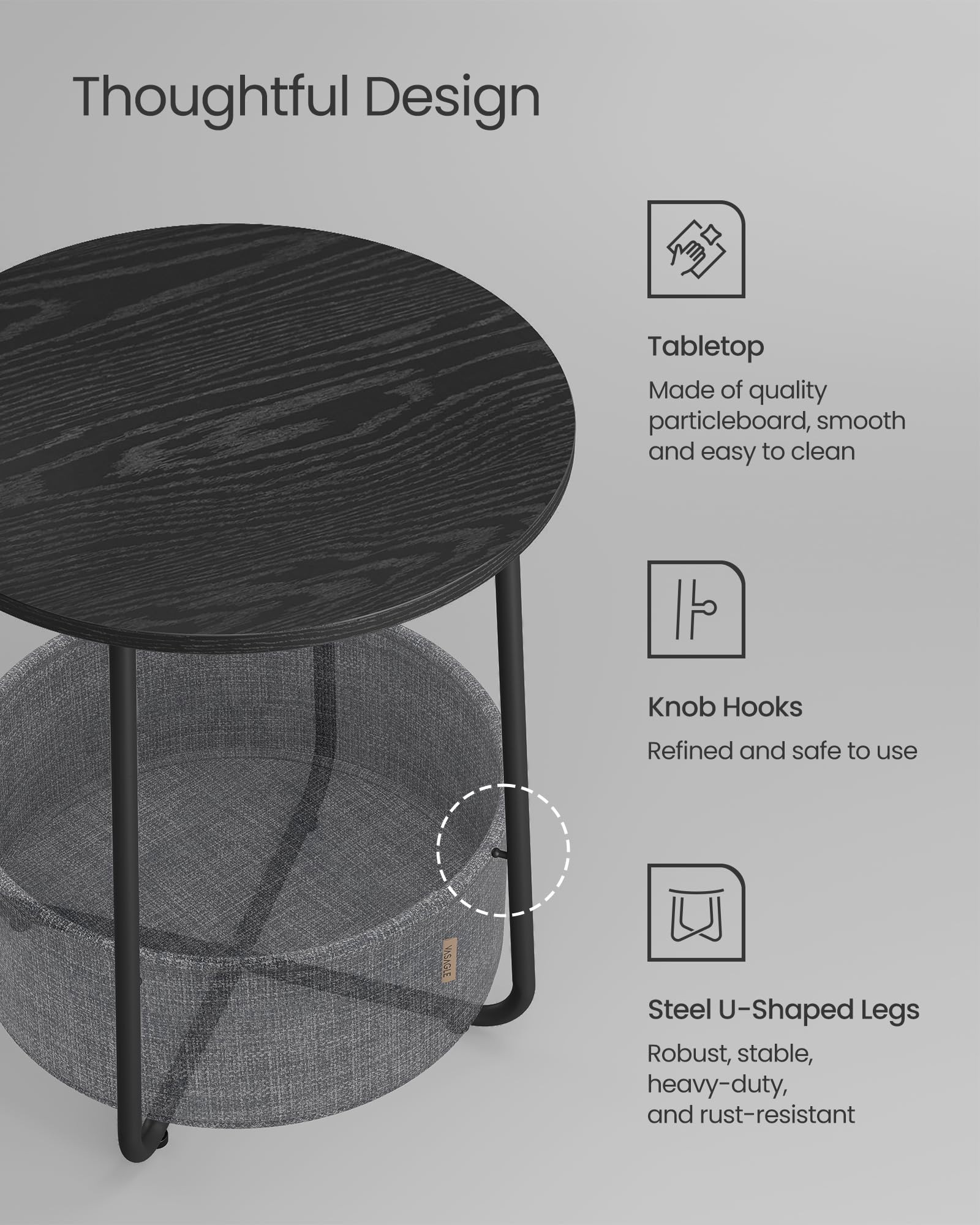 VASAGLE Round End Table with Fabric Basket | Ebony Black | 45 x 50 cm 5