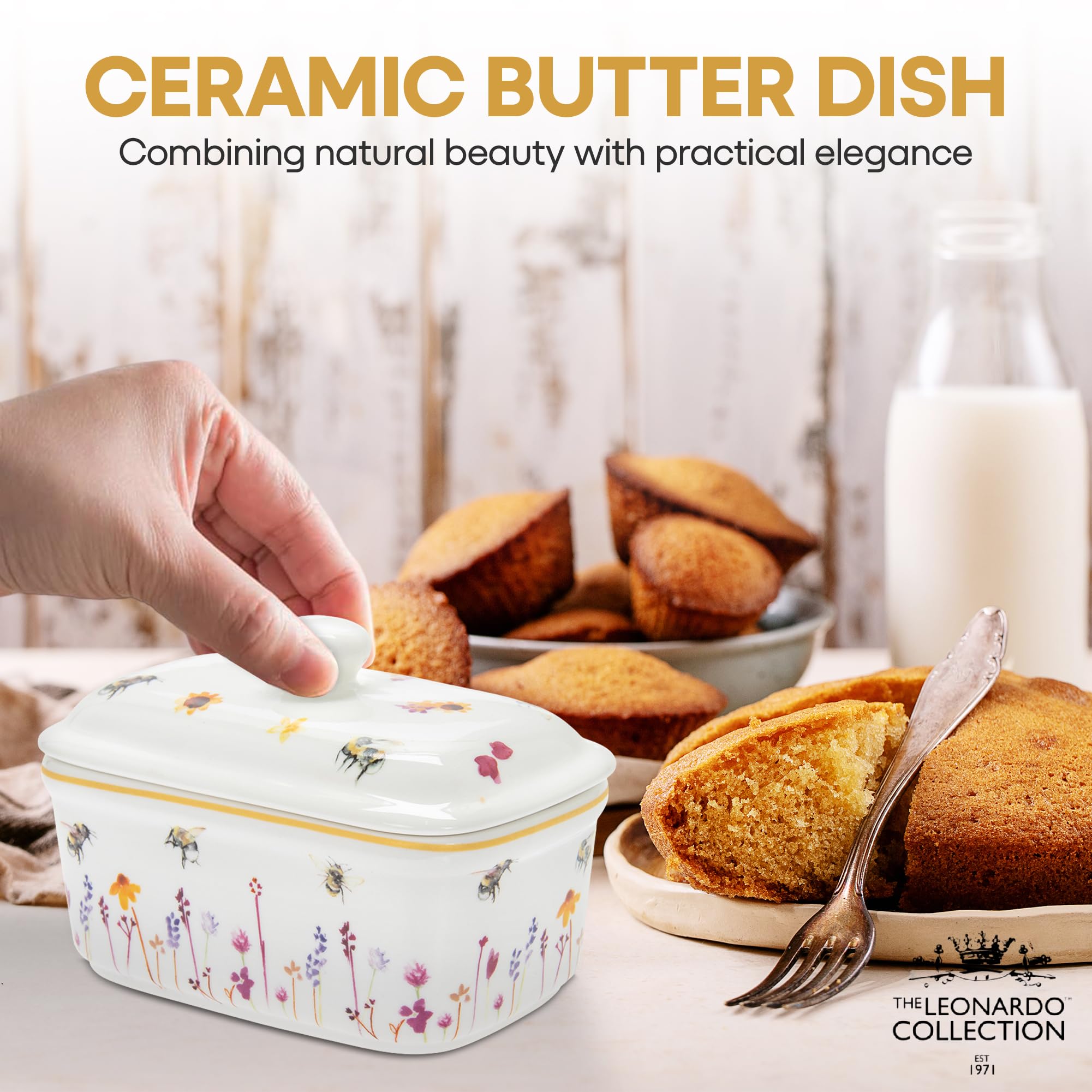 The Leonardo Collection Jennifer Rose Busy Bees Ceramic Butter Dish with Lid | 170x90x100mm | Dishwasher Safe 7