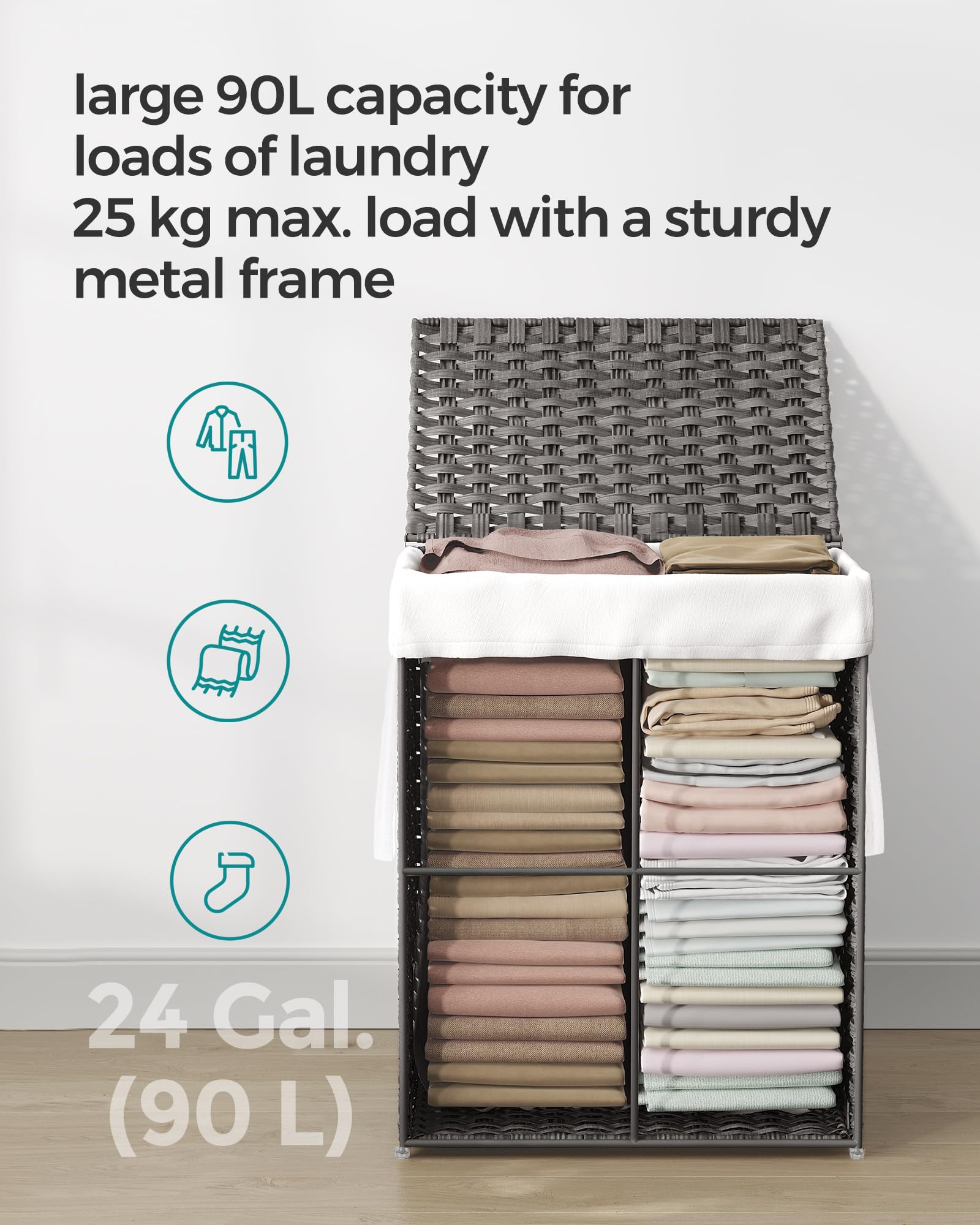 SONGMICS 90L Foldable Laundry Basket with Lid and Removable Bag | Grey | 46x33x60cm 5
