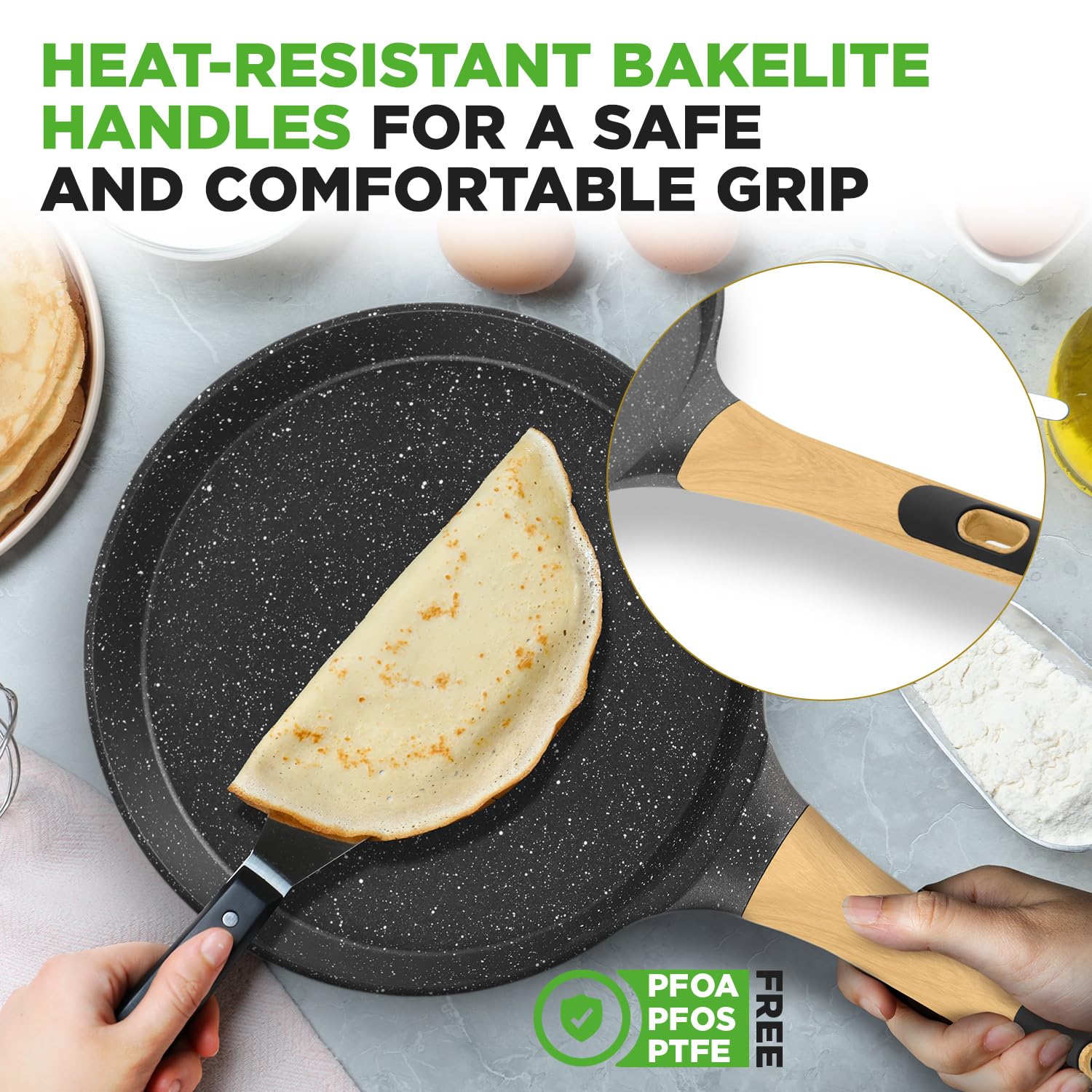 Nutrichef 28cm Non-Stick Marble Coated Crepe Pan with Wooden Spreader | Induction Ready 4