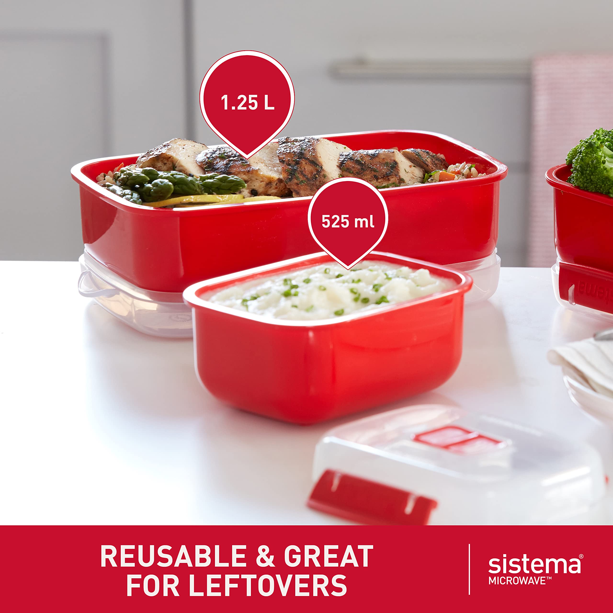 Sistema Heat and Eat Microwave Container Set - 3 Count (1.25 L, 525 ml) | BPA-Free, Red 5