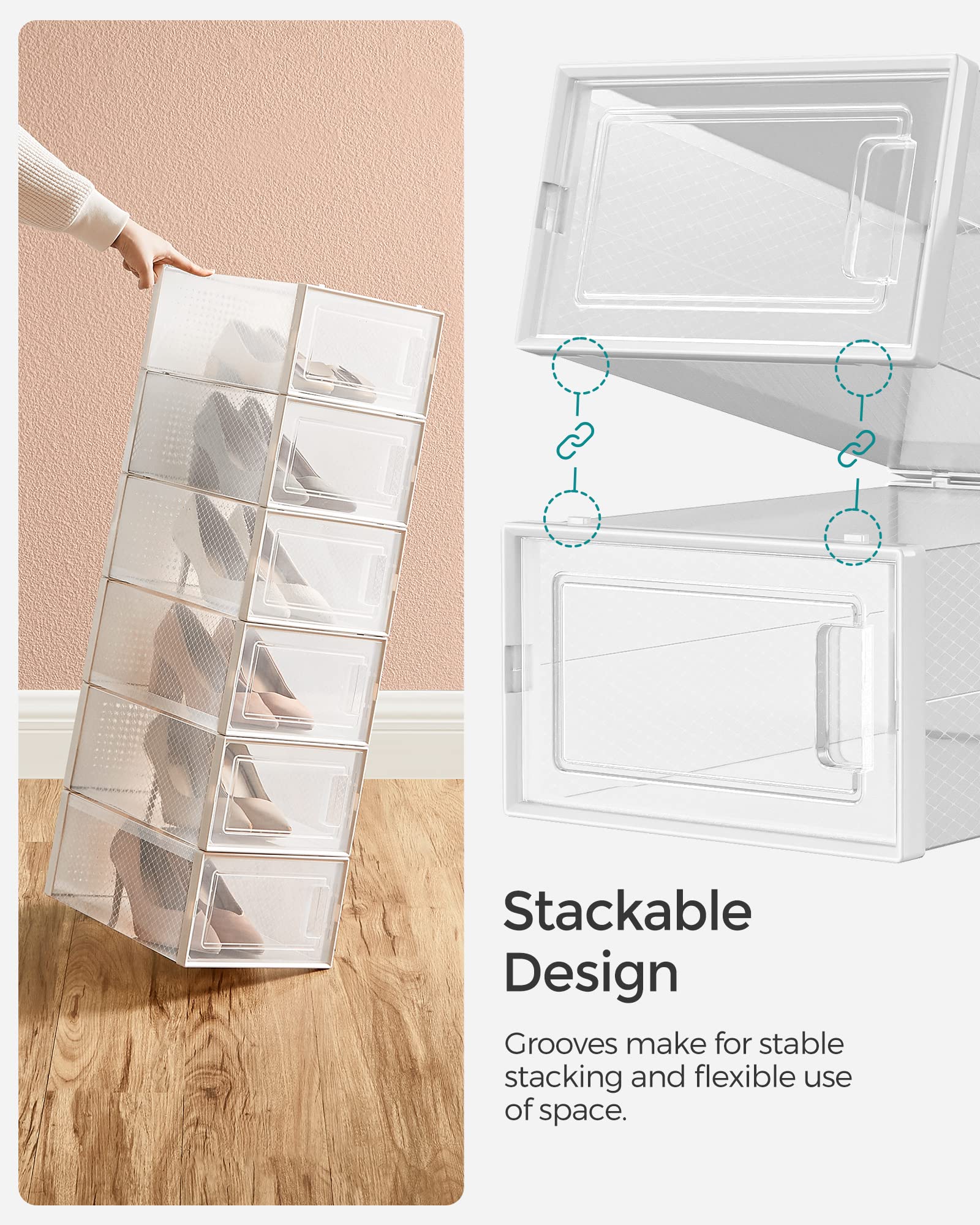 SONGMICS Shoe Boxes - Pack of 18 Stackable Storage Organisers | Transparent/White | Fits up to UK Size 11 4