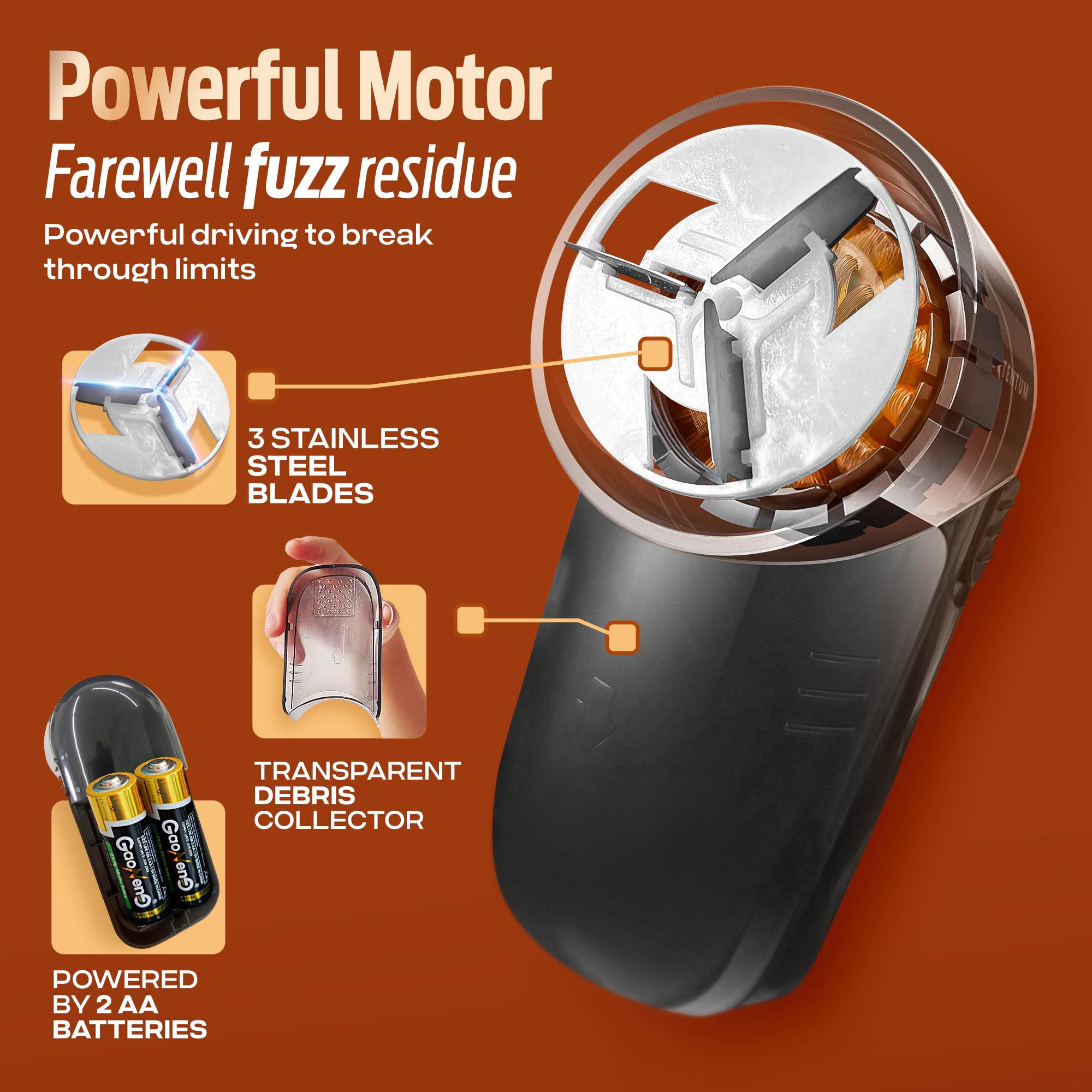 PORTENTUM Electric Lint Remover - Stainless Steel Blades for Clothing Pilling | Includes Batteries & Brush 3