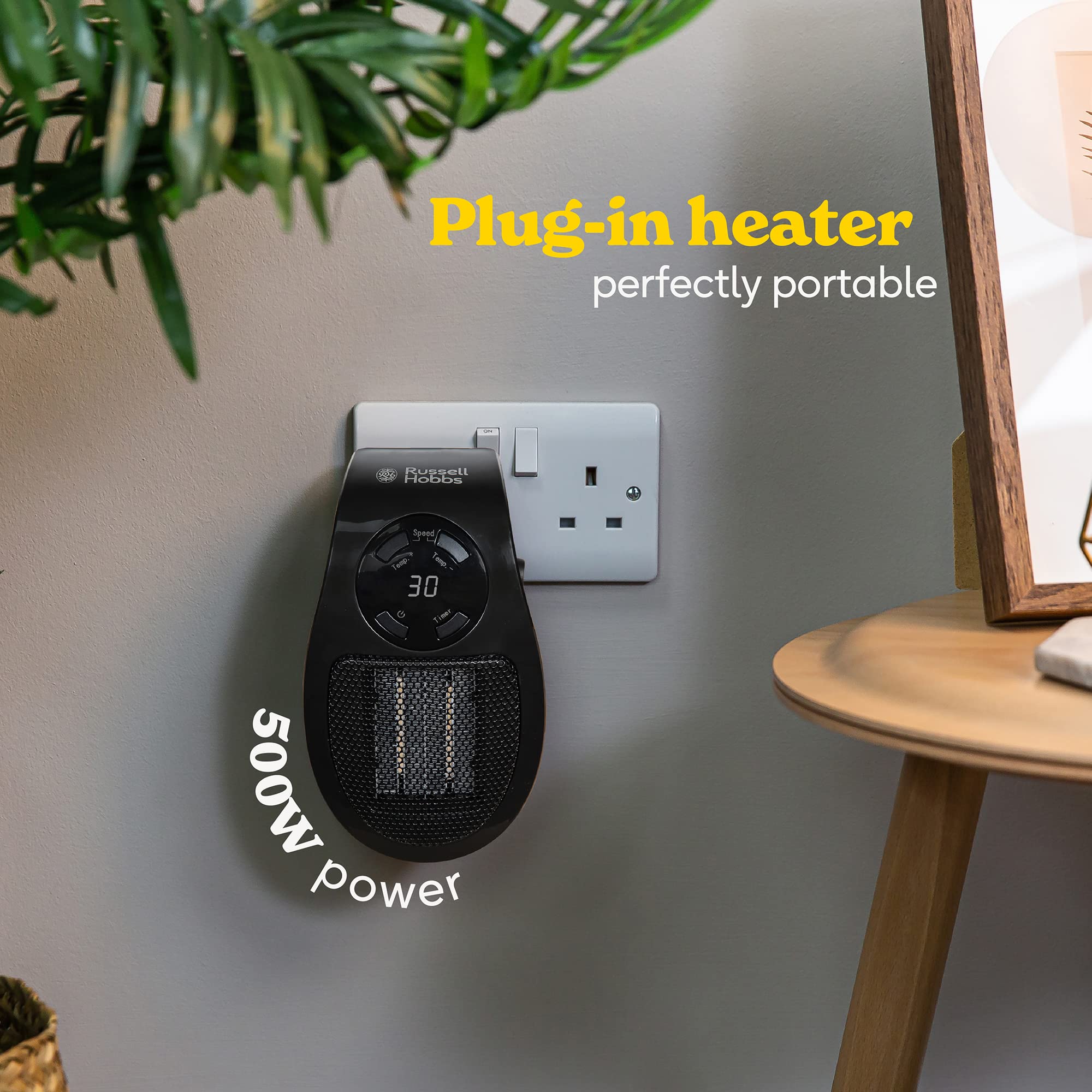 Russell Hobbs 500W Ceramic Plug Heater - Adjustable Thermostat | 15°C-30°C | 2 Fan Speeds 3