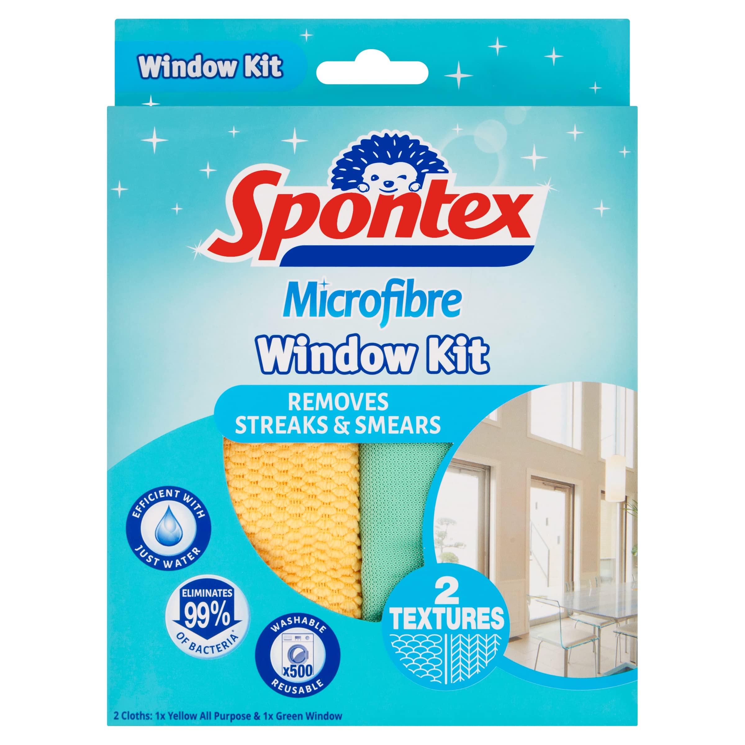Spontex Microfibre Window Kit - Removes Streaks & 99% Bacteria | 2 Count | Washable 500 Times 1