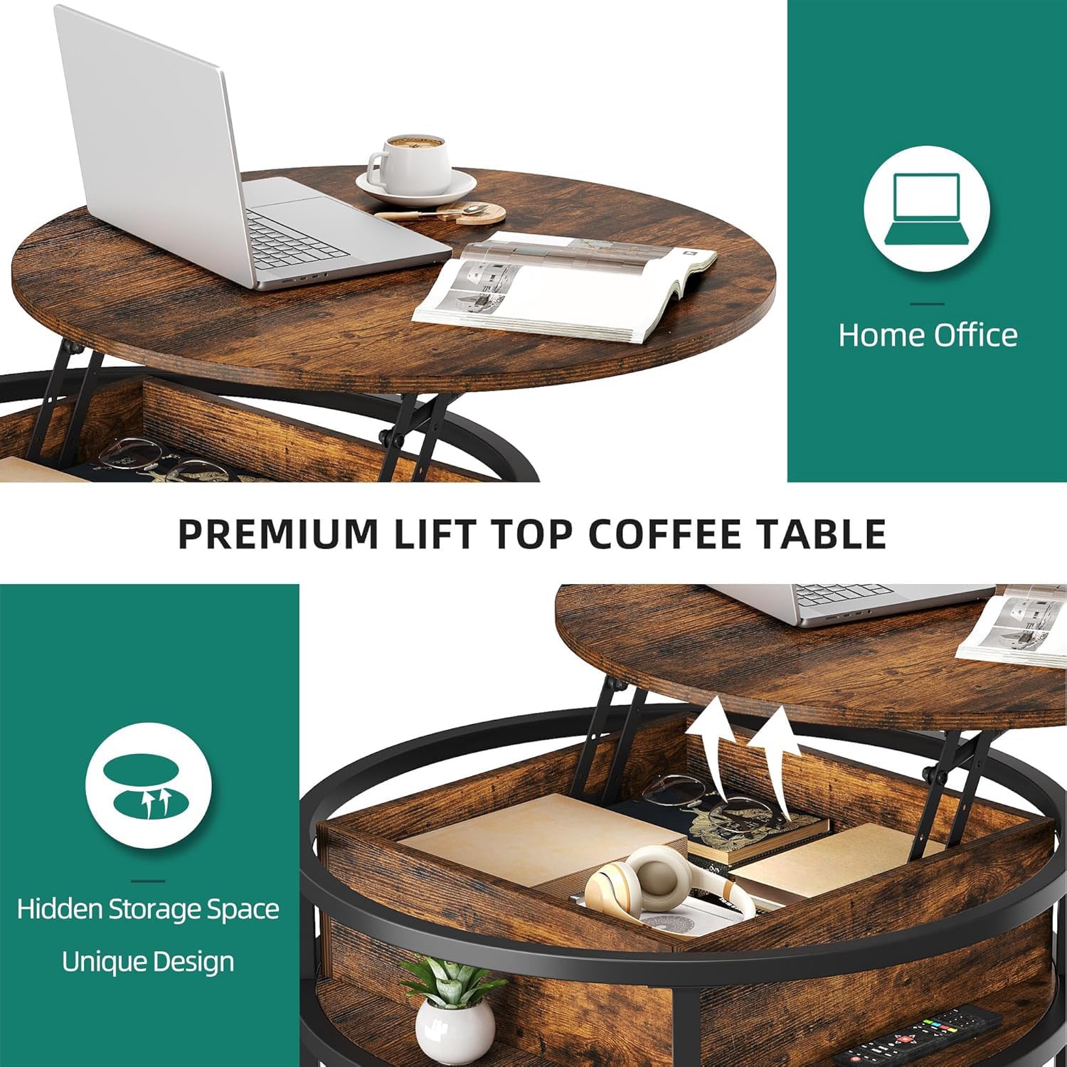 YITAHOME Round Lift Top Coffee Table - Storage, Modern Style, Brown | 80x80x47cm 4
