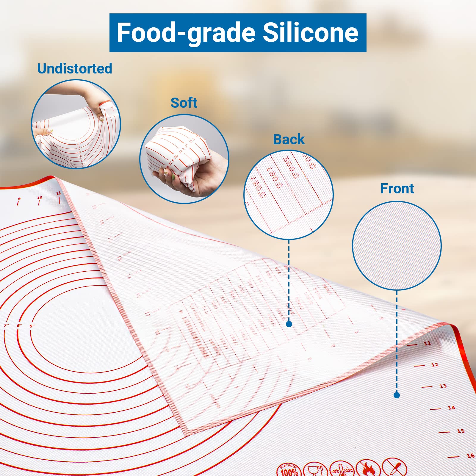 Alyvisun Silicone Baking Pastry Mat - 70x50CM Non-Stick, Reusable, Includes 3 Dough Scrapers 4