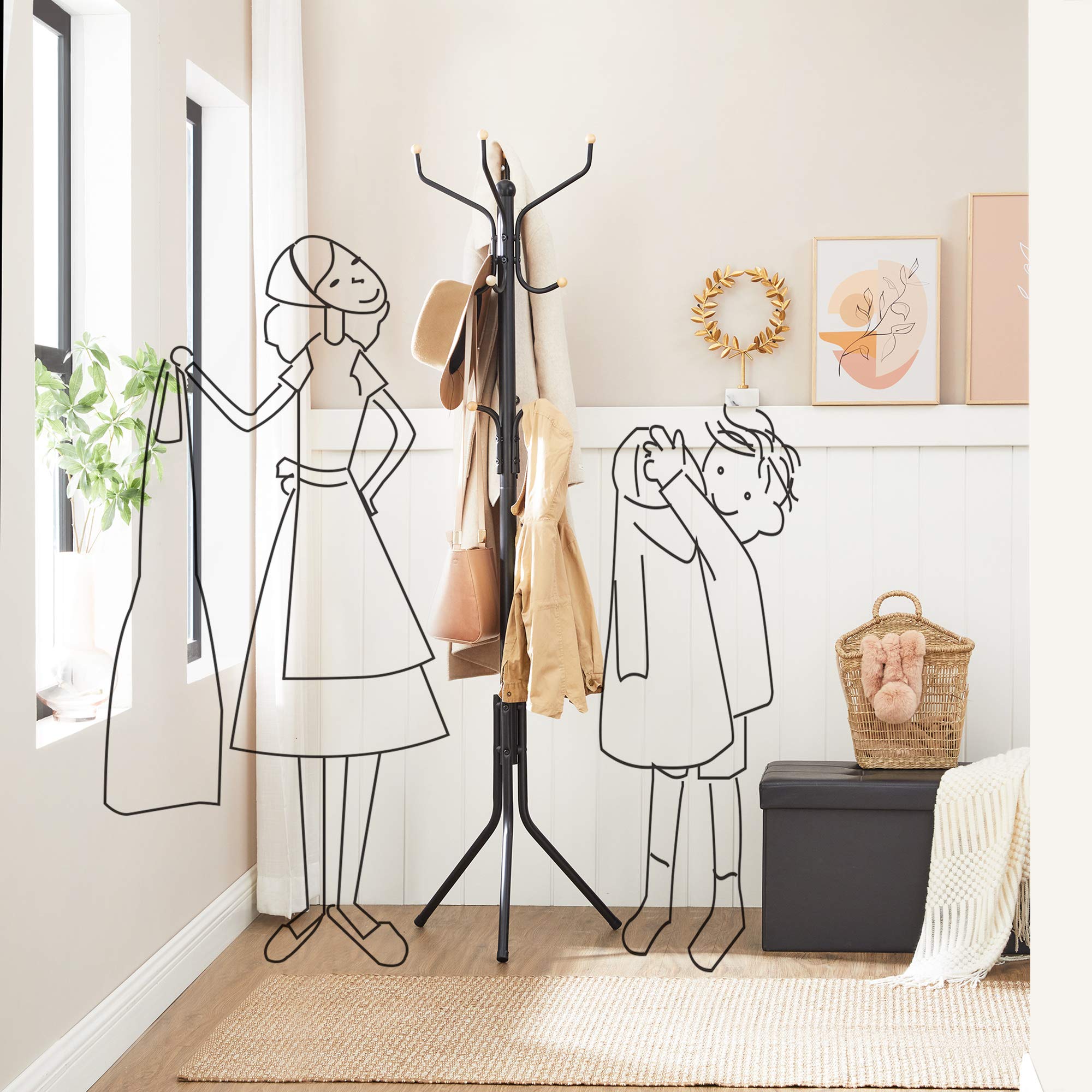 SONGMICS Metal Coat Rack Stand - Modern Tripod Style | 12 Hooks | Black Finish | 182cm Height 4