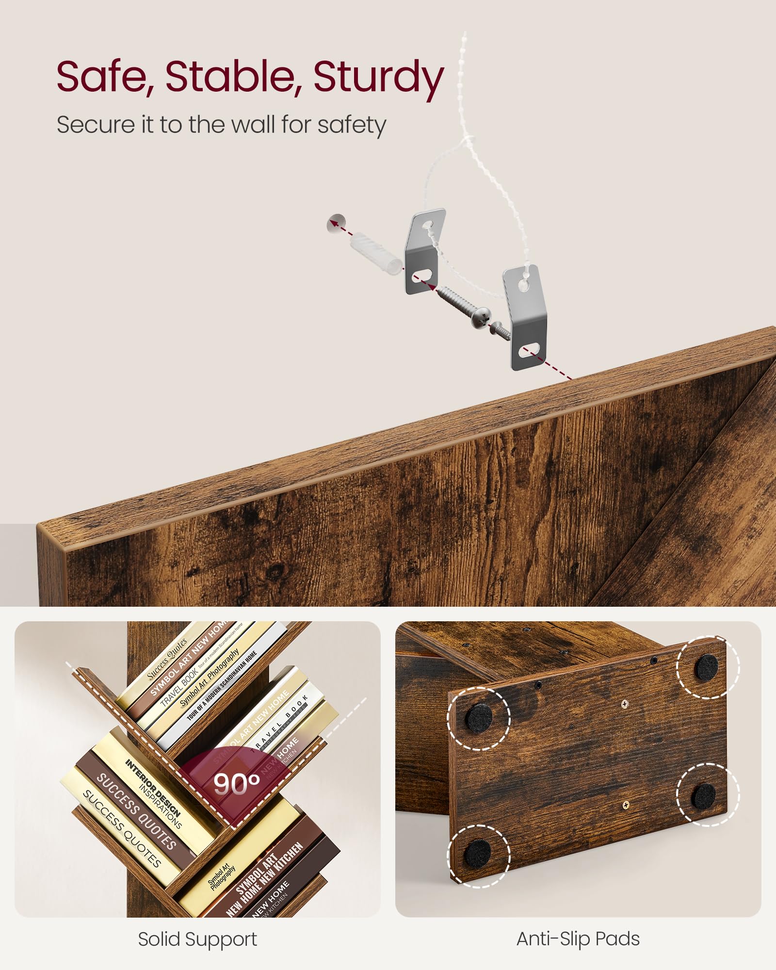 VASAGLE Tree Bookshelf - 9-Tier Corner Storage | Rustic Brown | Space-Saving Design 6